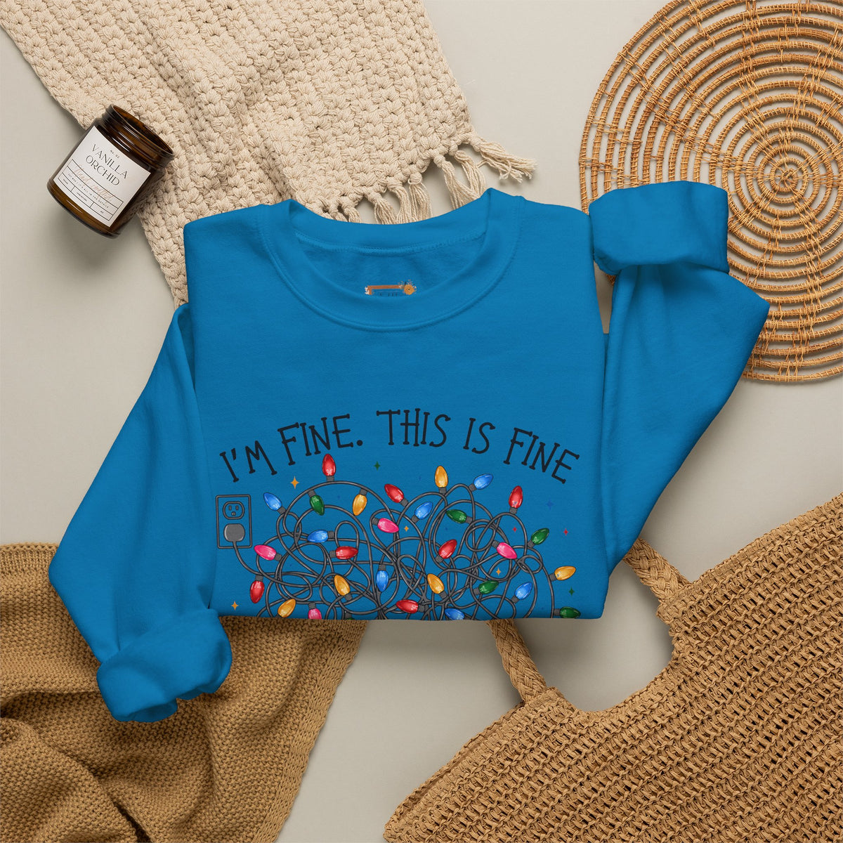 Crewneck Sweatshirt — "I'm Fine. This is Fine. Everything is Fine." Holiday Lights Design