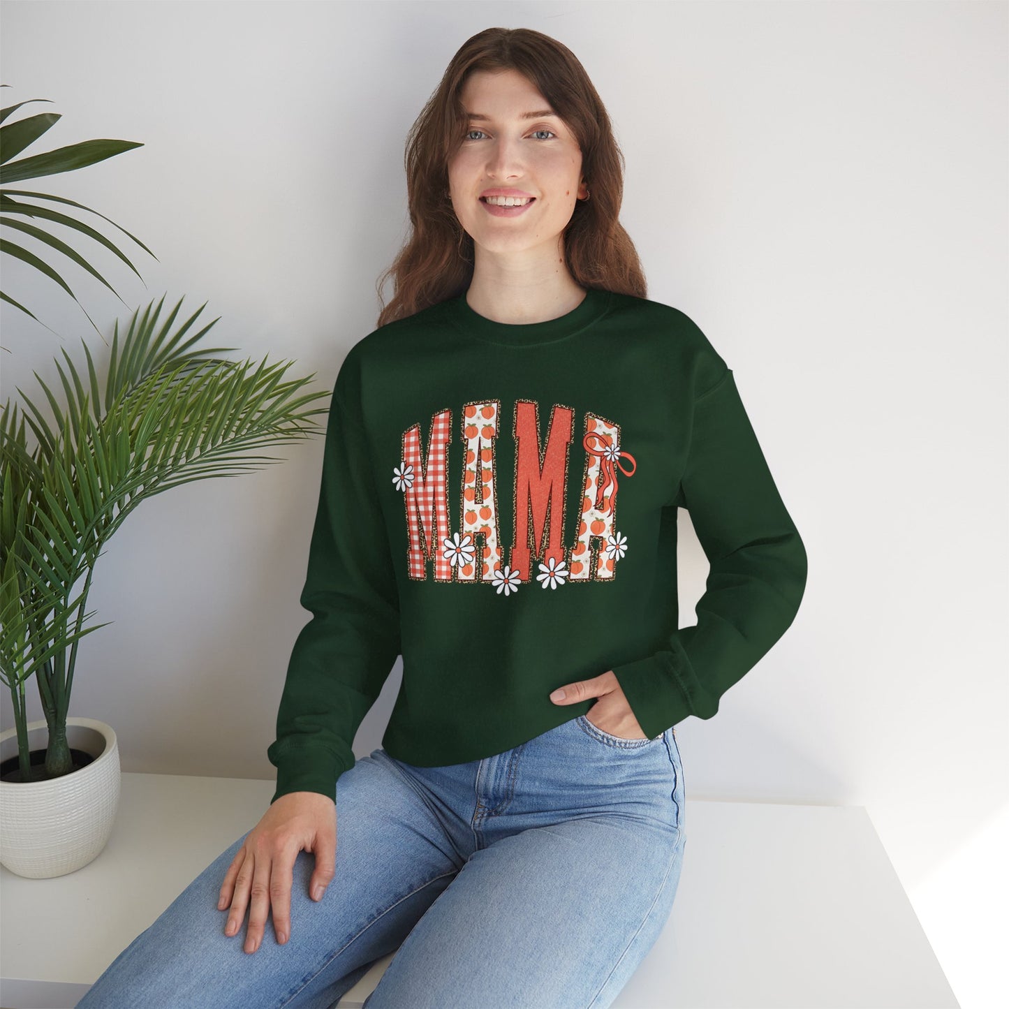 Daisy Peach MAMA Floral Sweatshirt • Spring Graphic Crew • Peach Gingham Mom pullover • Feminine Boutique Everyday Outfit