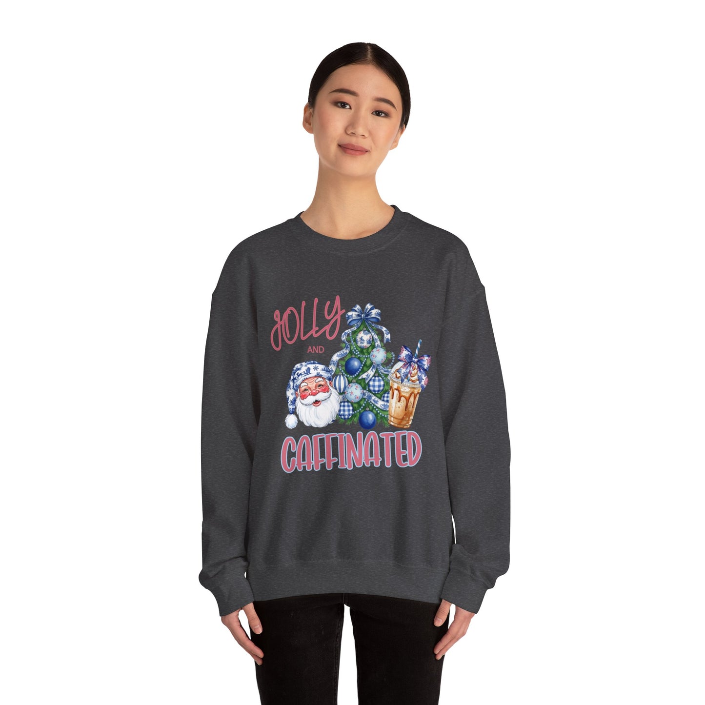 Jolly and Caffeinated Sweatshirt - Cozy Holiday Crewneck for Christmas, Winter, Gift, Festive Wear, Comfy Apparel