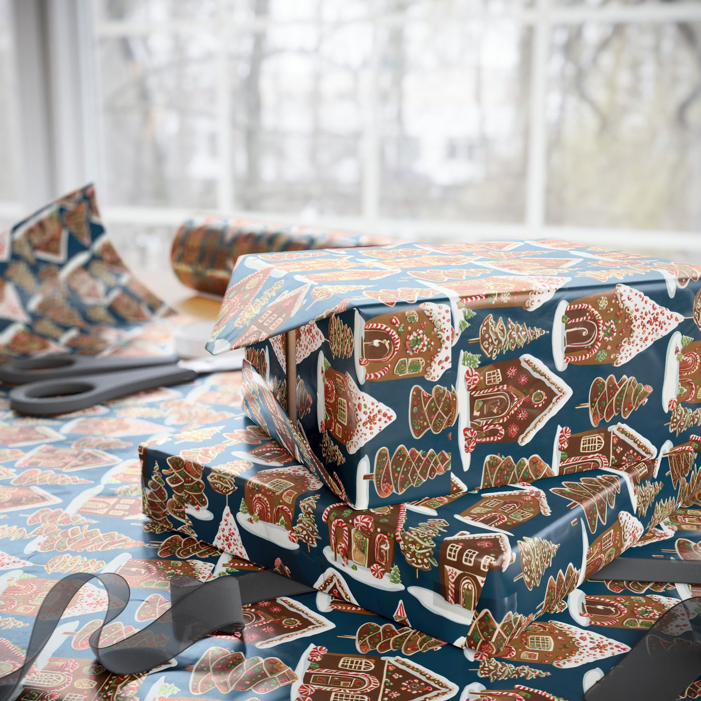 Navy Gingerbread Village Christmas Blanket & Wrapping Paper | Blue Winter Cookie House Pattern | Cozy Holiday Gift Wrap | Festive Home Decor