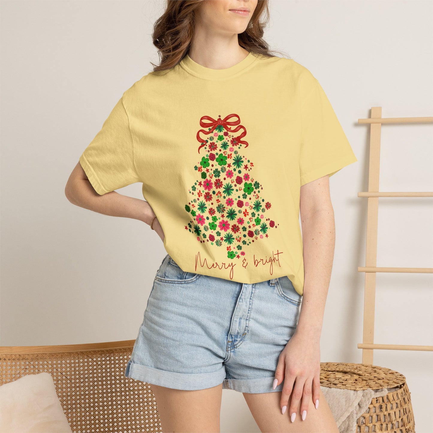 Merry & Bright Christmas Tree Shirt • Floral Christmas Tree Tee • Cute Pink & Green Holiday T-Shirt • Comfort Colors Christmas Shirt • Women's Christmas Tee