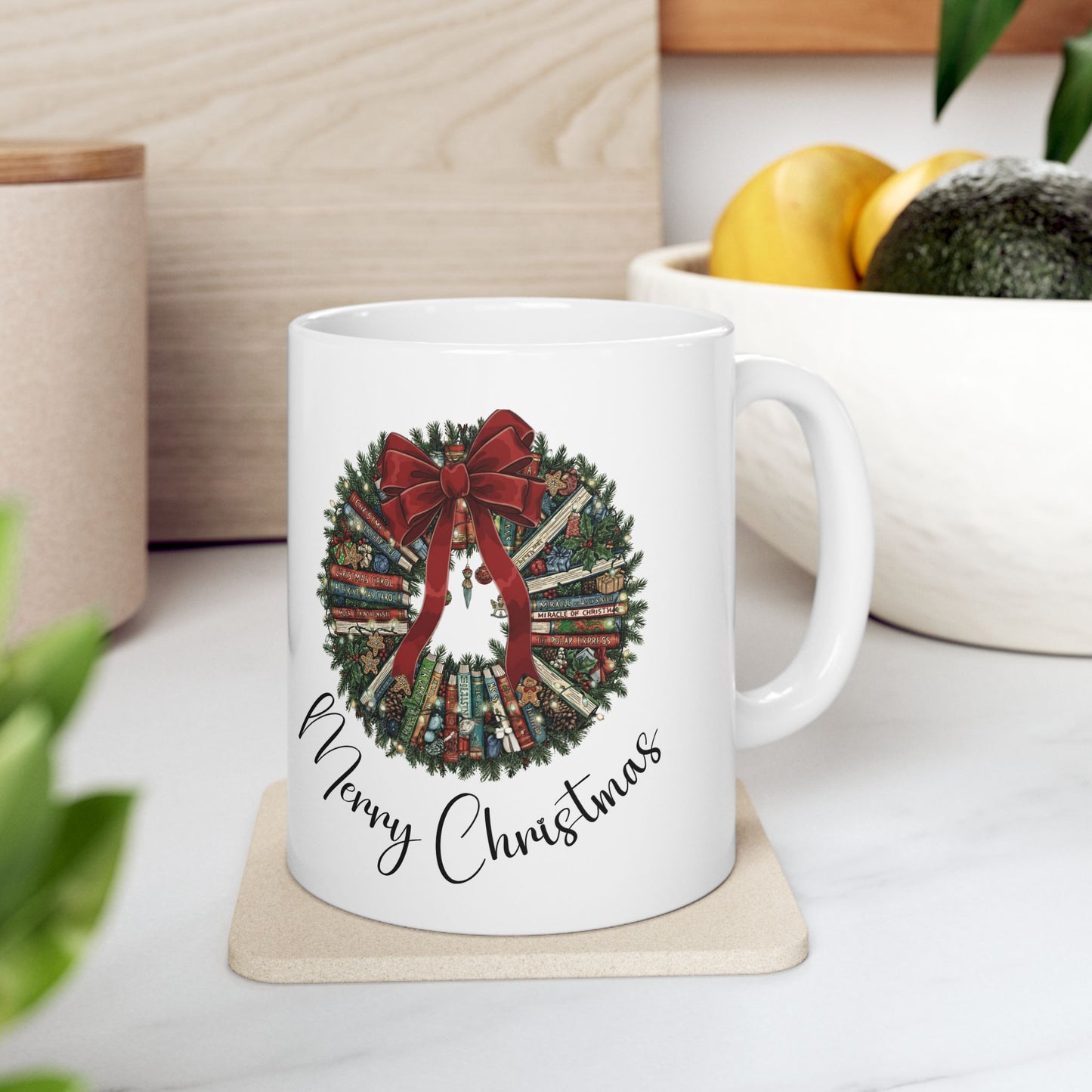 Christmas Book Wreath Mug | Merry Christmas Wreath Design | Holiday Gift, Booktok, Seasonal Decor, Coffee Lover, Hot Cocoa Cup, Warm Wishes
