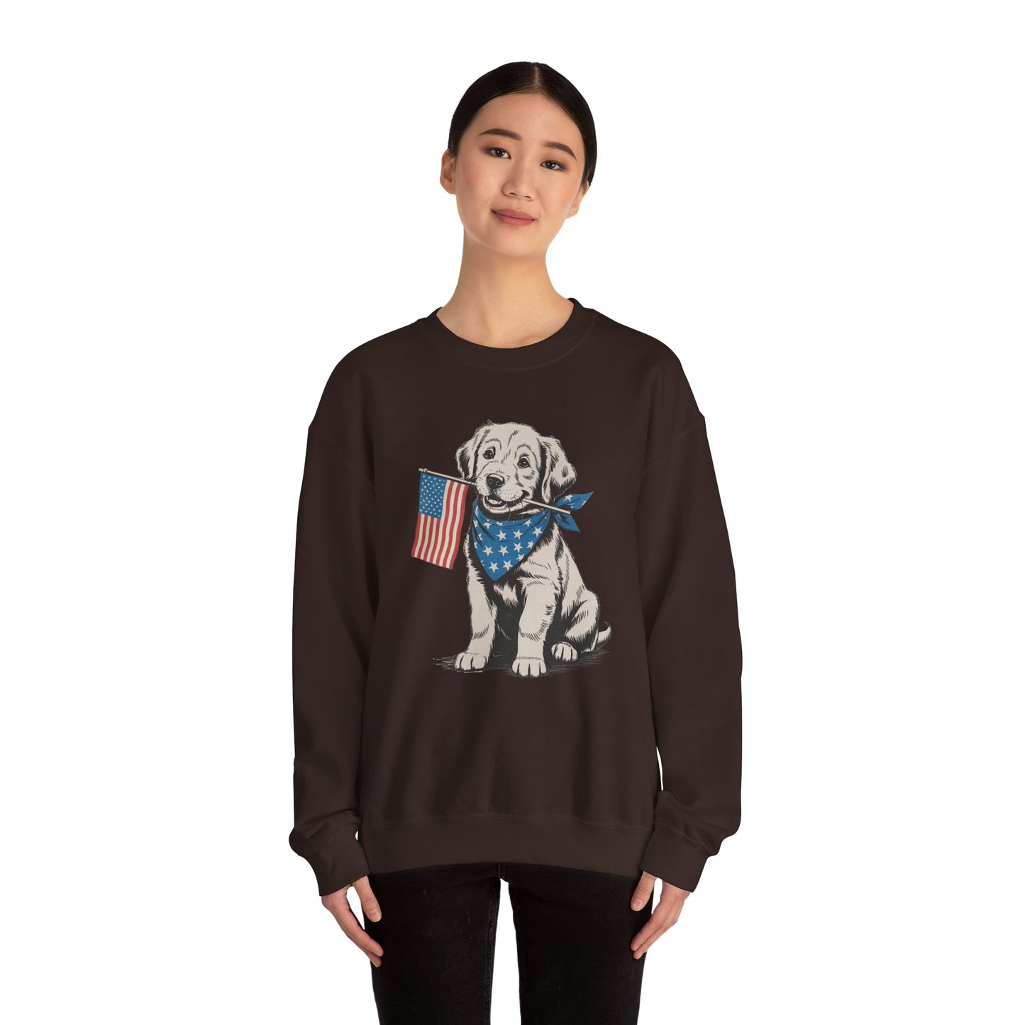4th of July Patriotic Dog Puppy Crewneck • Americana Dog Lover Graphic sweatshirt • Red White Blue Flag