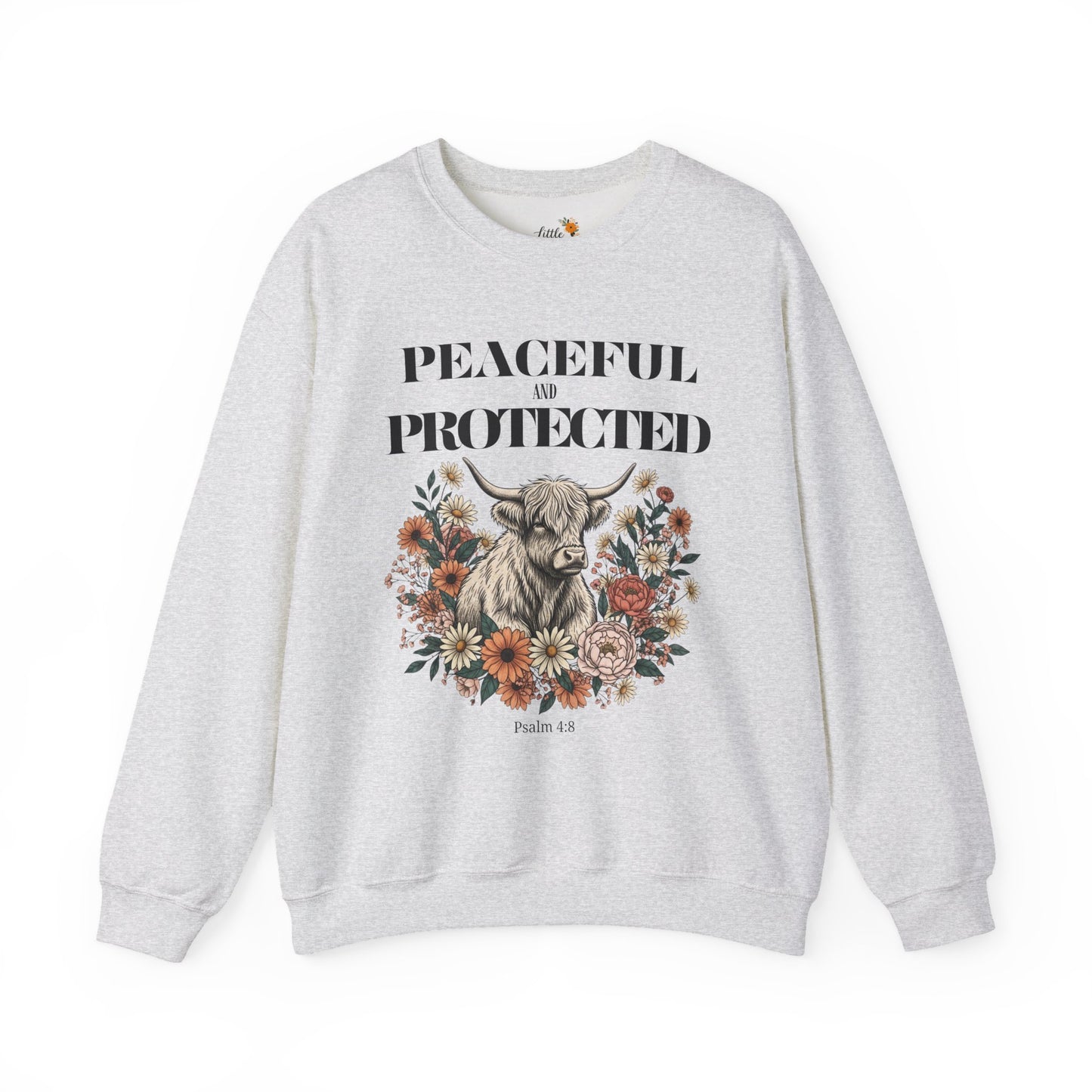 Peaceful and Protected Highland Cow Floral Sweatshirt • Psalm 4:8 Christian Crewneck • Western Cow Faith Graphic