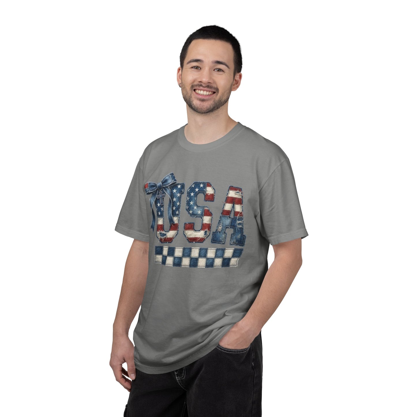 USA Patchwork Denim T-Shirt • Red White Blue Coquette Bow Tee • Americana Graphic Shirt