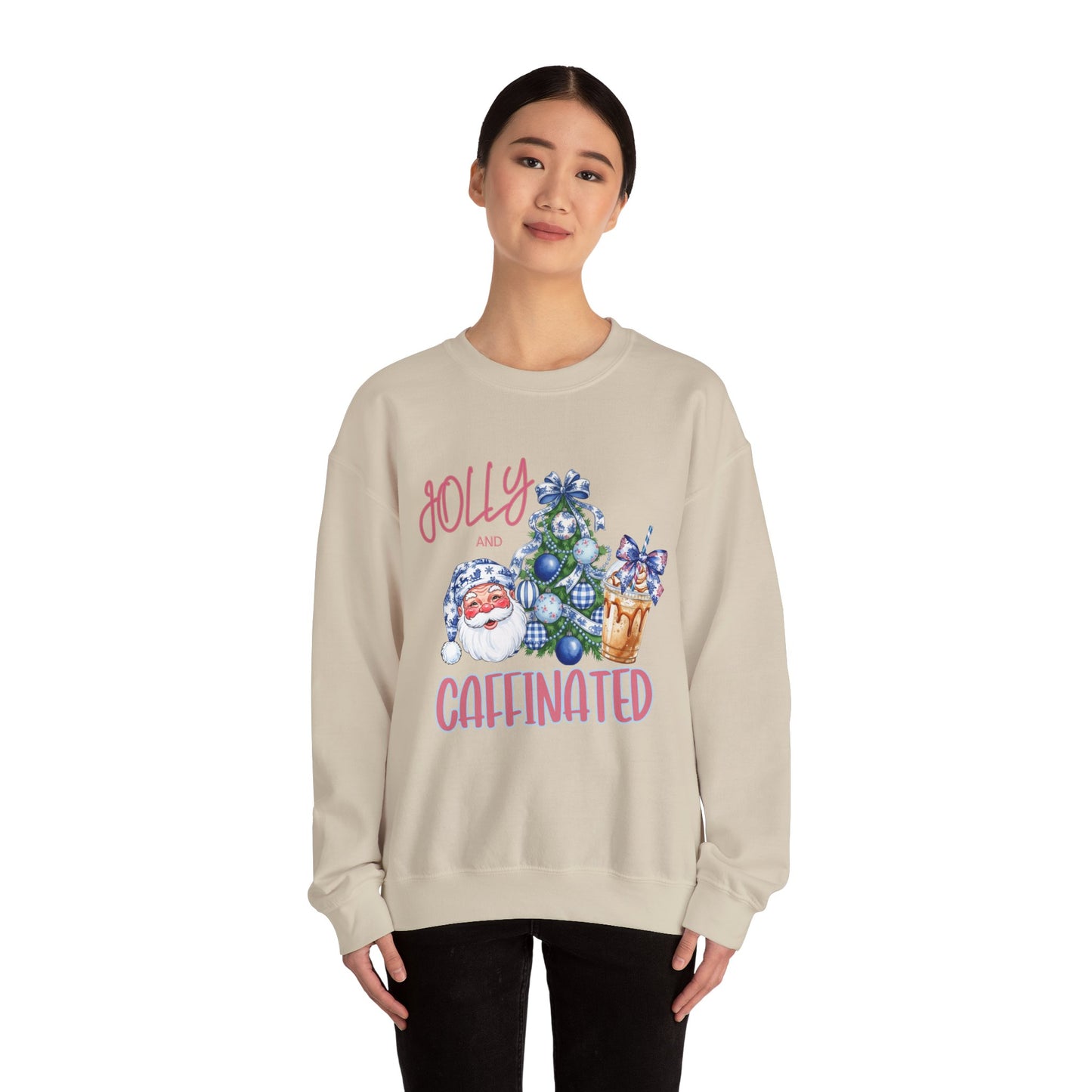 Jolly and Caffeinated Sweatshirt - Cozy Holiday Crewneck for Christmas, Winter, Gift, Festive Wear, Comfy Apparel