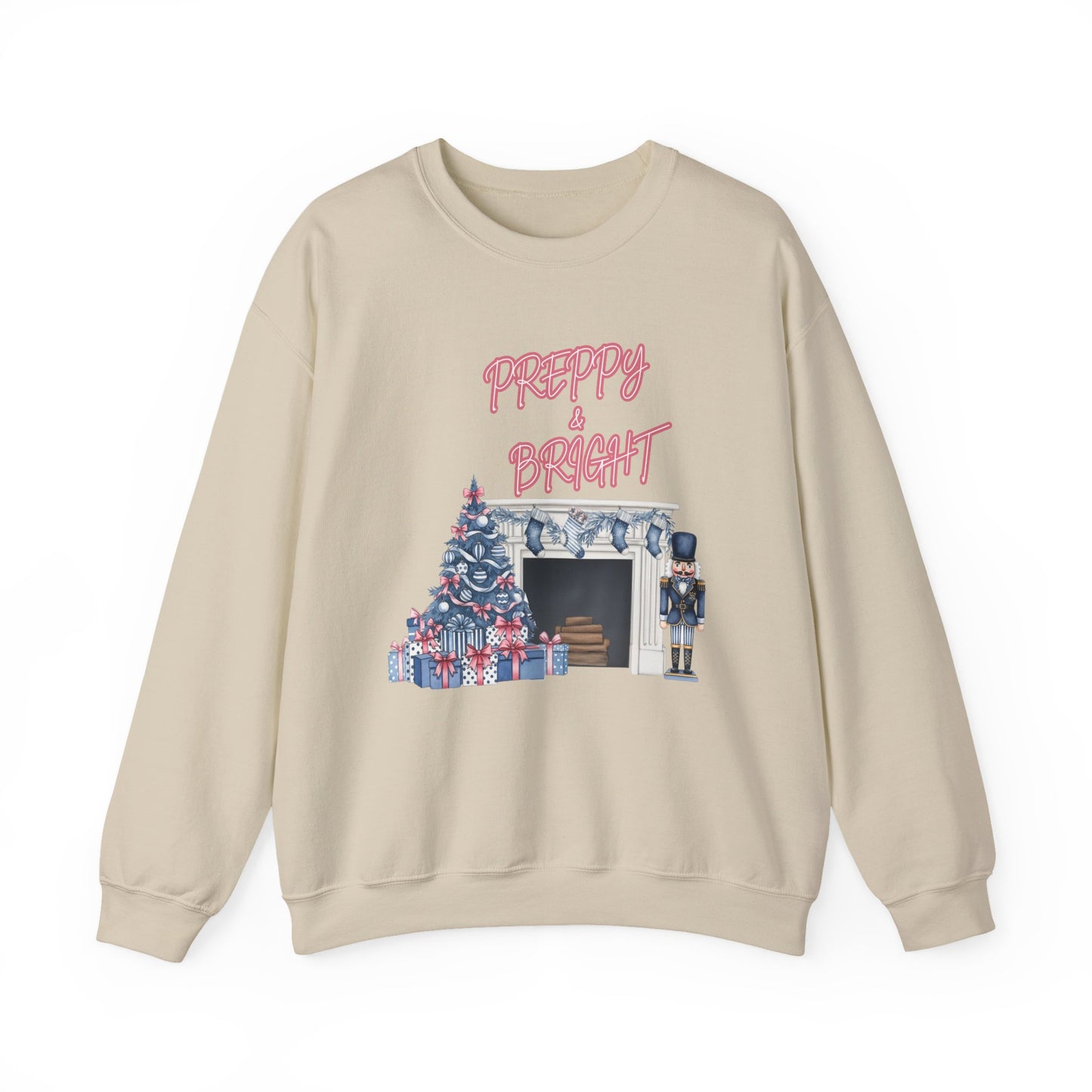 Preppy & Bright Christmas Sweatshirt | Blue Pink Holiday Crewneck with Nutcracker, Tree & Fireplace | Cozy Unisex Festive Winter Sweater