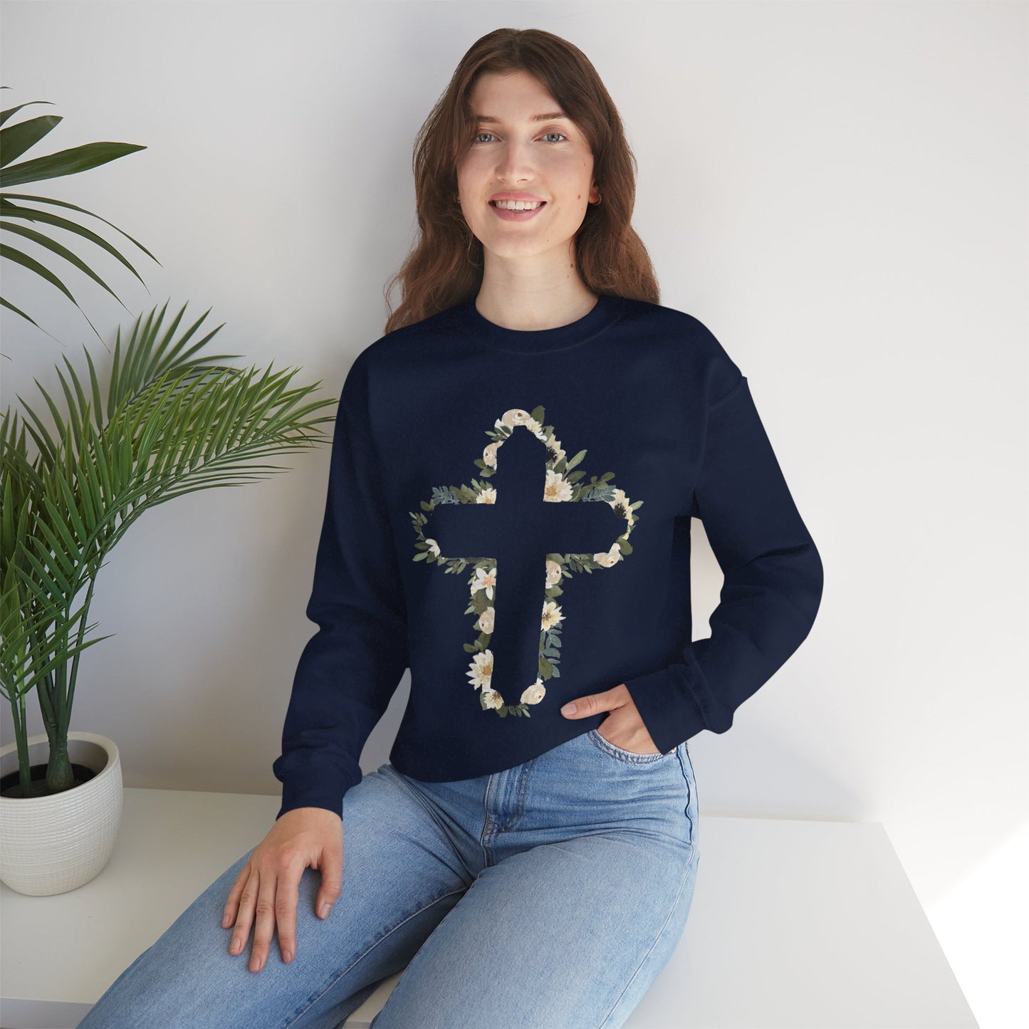 Floral Cross Crewneck Sweatshirt — Christian Faith Floral Pullover
