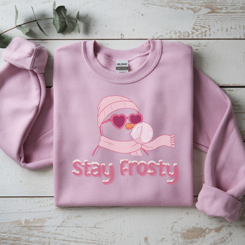 Stay Frosty Snowman Crewneck Sweatshirt | Trendy Christmas Bubblegum Snowman with Sunglasses | Cozy Unisex Holiday Sweater for Winter Fun