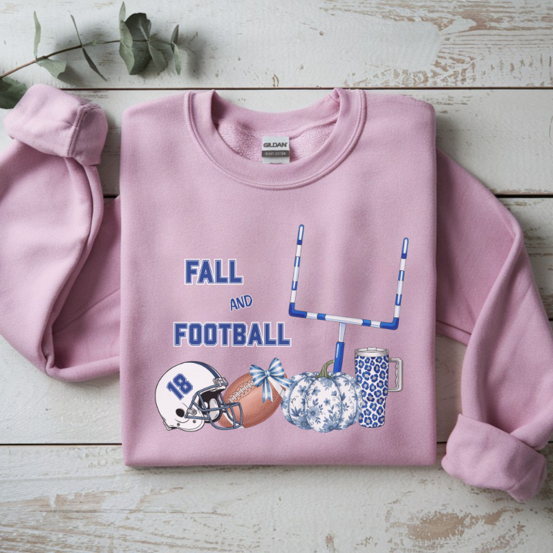 Fall and Football Crewneck Sweatshirt | Cozy Unisex Heavy Blend Game Day Sweater with Pumpkins & Goal Post | Autumn Sports Fan Outfit
