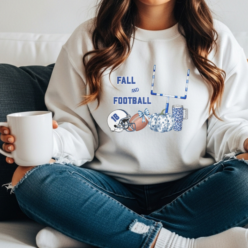 Fall and Football Crewneck Sweatshirt | Cozy Unisex Heavy Blend Game Day Sweater with Pumpkins & Goal Post | Autumn Sports Fan Outfit
