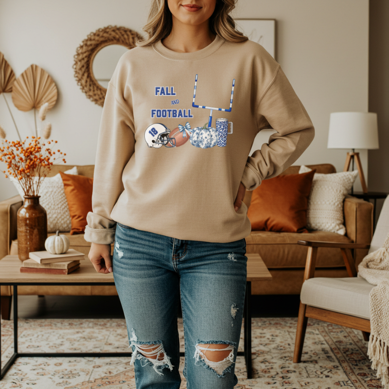 Fall and Football Crewneck Sweatshirt | Cozy Unisex Heavy Blend Game Day Sweater with Pumpkins & Goal Post | Autumn Sports Fan Outfit