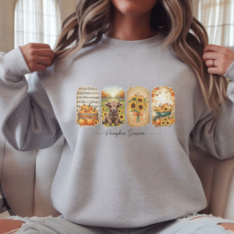 Pumpkin Season Fall Shirt | Rustic Autumn Graphic Tee with Sunflowers, Pumpkins & Highland Cow | Cozy Seasonal Outfit for Pumpkin Lovers