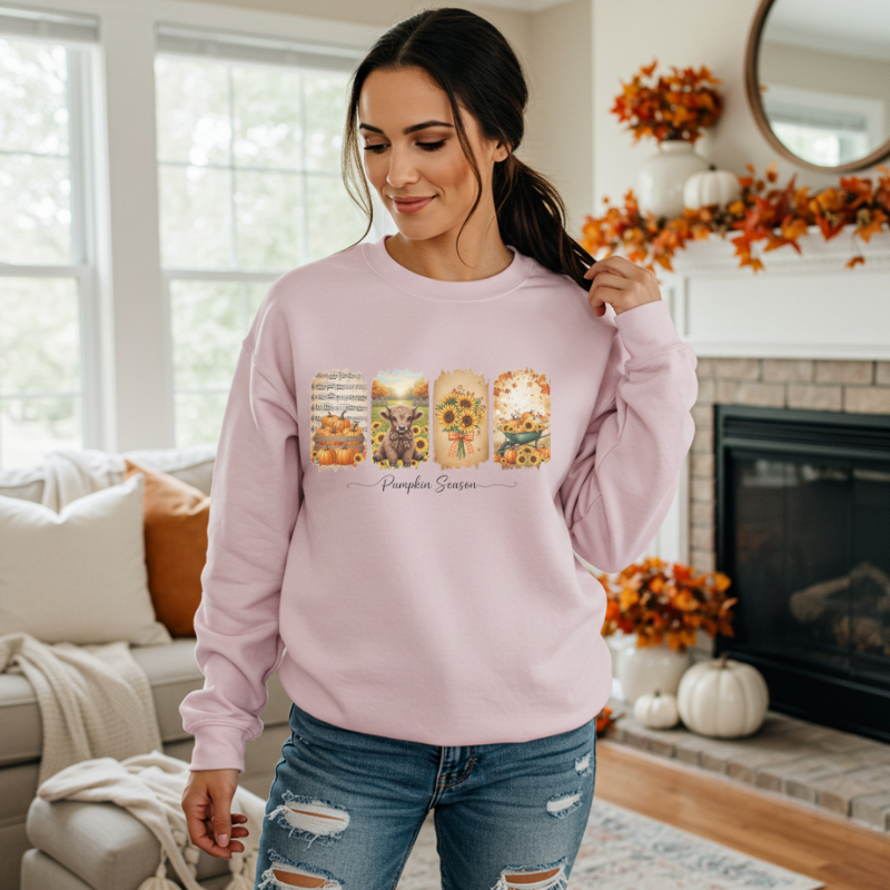 Pumpkin Season Fall Shirt | Rustic Autumn Graphic Tee with Sunflowers, Pumpkins & Highland Cow | Cozy Seasonal Outfit for Pumpkin Lovers