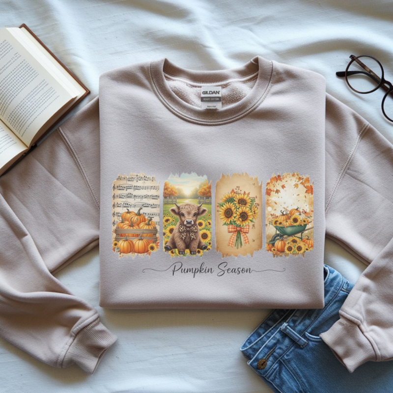 Pumpkin Season Fall Shirt | Rustic Autumn Graphic Tee with Sunflowers, Pumpkins & Highland Cow | Cozy Seasonal Outfit for Pumpkin Lovers