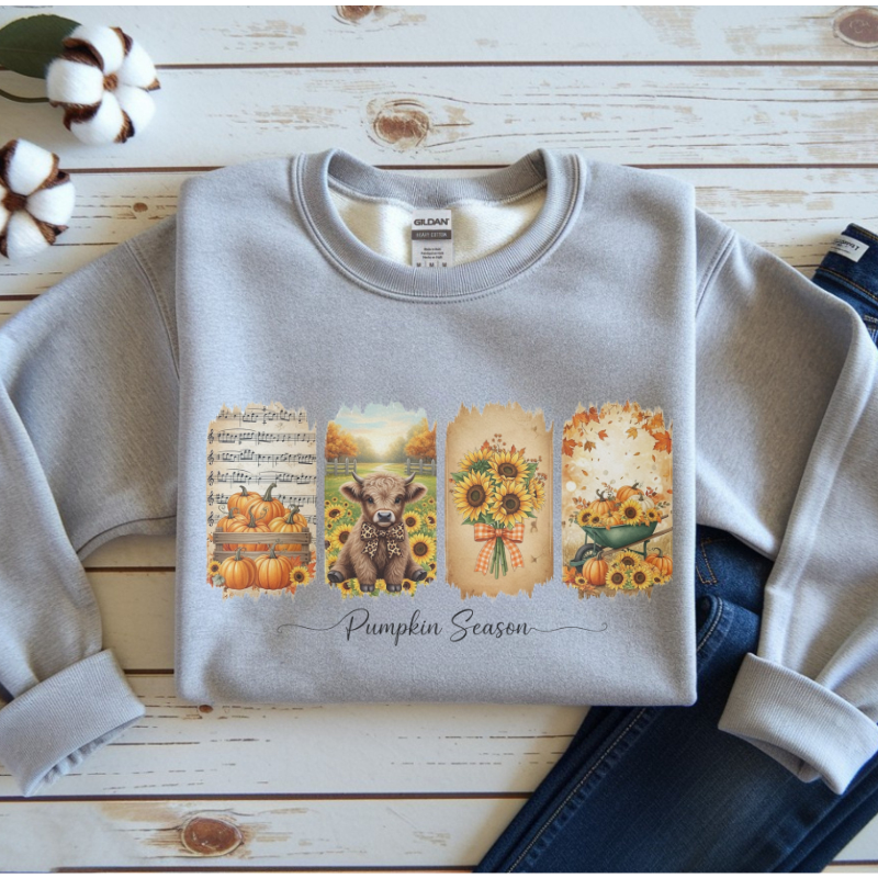 Pumpkin Season Fall Shirt | Rustic Autumn Graphic Tee with Sunflowers, Pumpkins & Highland Cow | Cozy Seasonal Outfit for Pumpkin Lovers