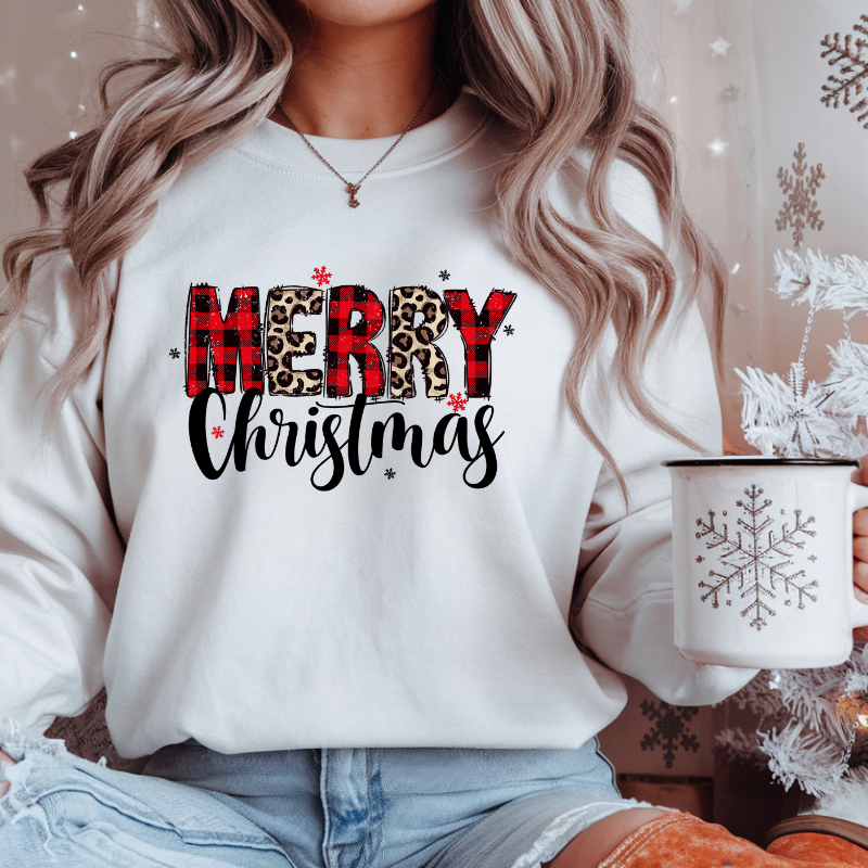 Merry Christmas Sweatshirt | Buffalo Plaid & Leopard Print Holiday Crewneck | Cozy Winter Outfit | Christmas Gift for Moms & Friends