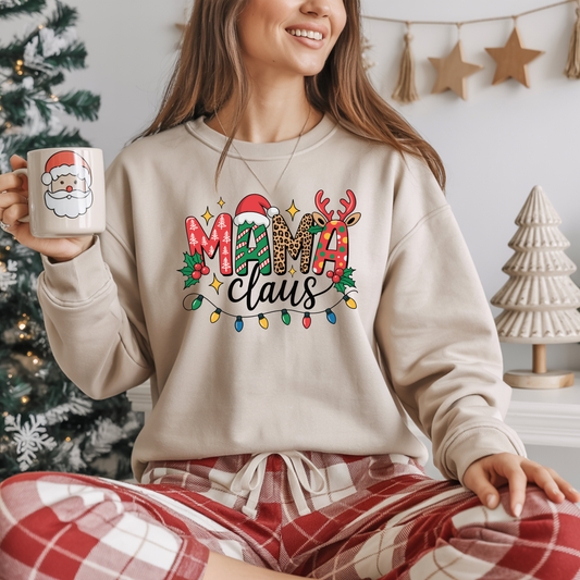 Mama Claus Christmas Sweatshirt | Leopard & Candy Cane Holiday Crewneck | Festive Lights Sweater for Moms | Cute Christmas Outfit