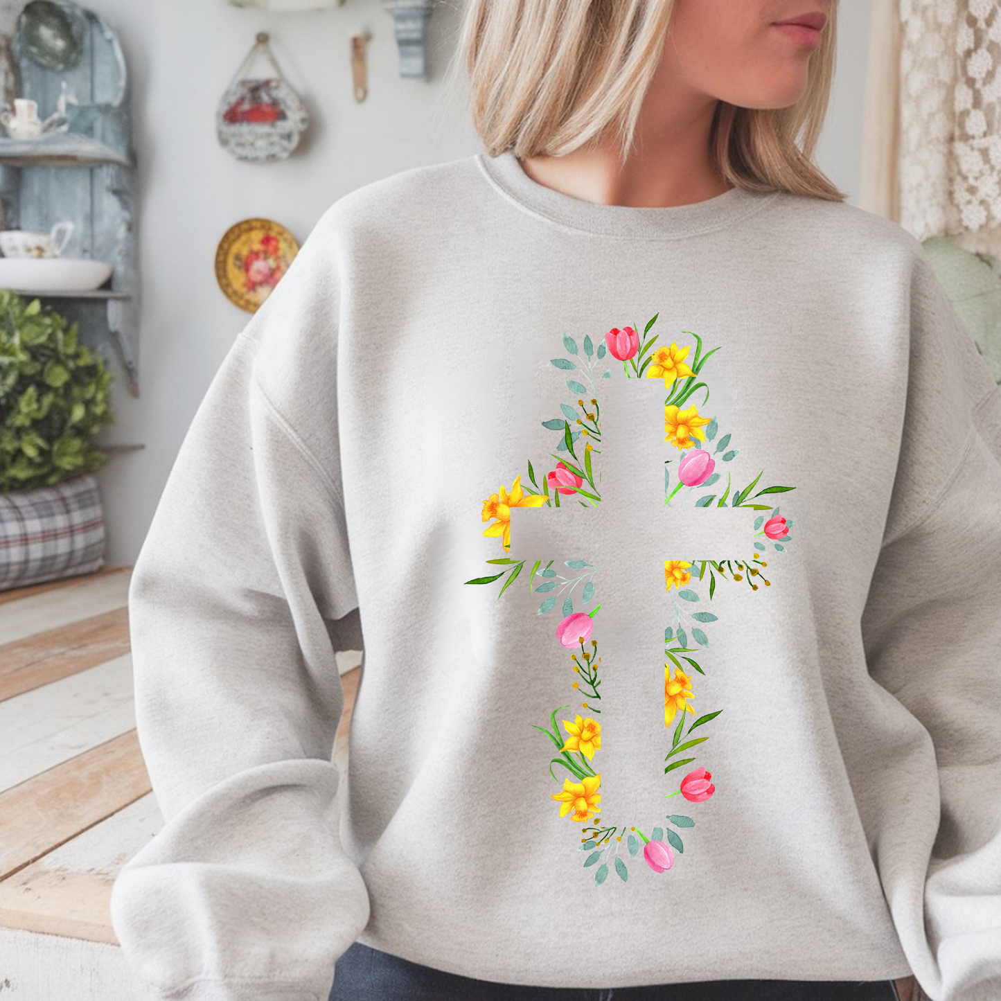 Floral Cross Sweatshirt | Christian Faith Pullover | Spring Cross Top | Faith Mama Wear