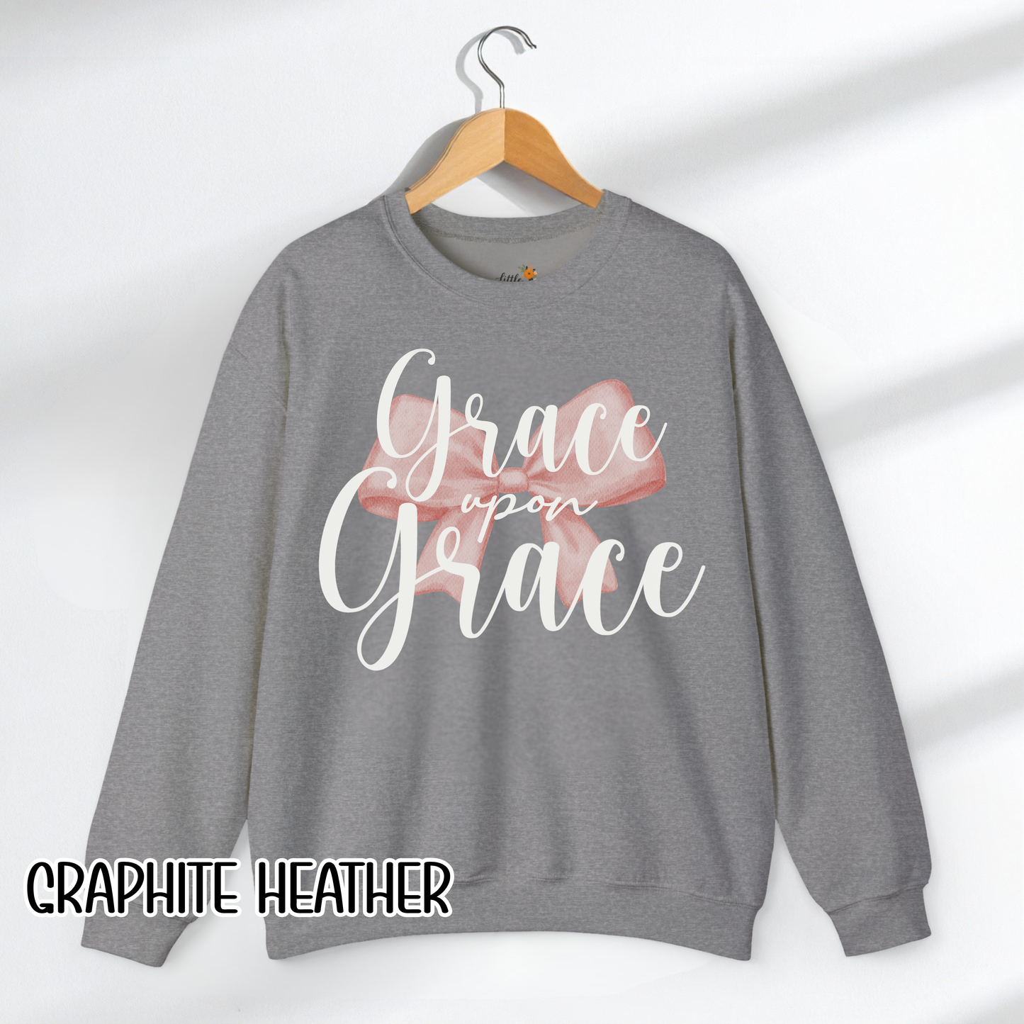 Grace Upon Grace Scripture with Pastel Pink Bow Crewneck • Girly Christian Apparel for Moms • Feminine Faith Aesthetic Sweatshirt