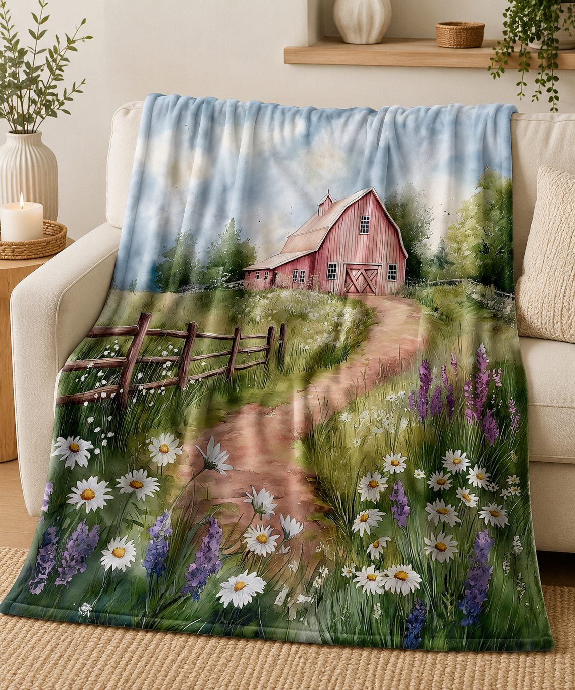 Pastel Country Barn Velveteen Plush Blanket — Daisies & Lavender Cottage Throw