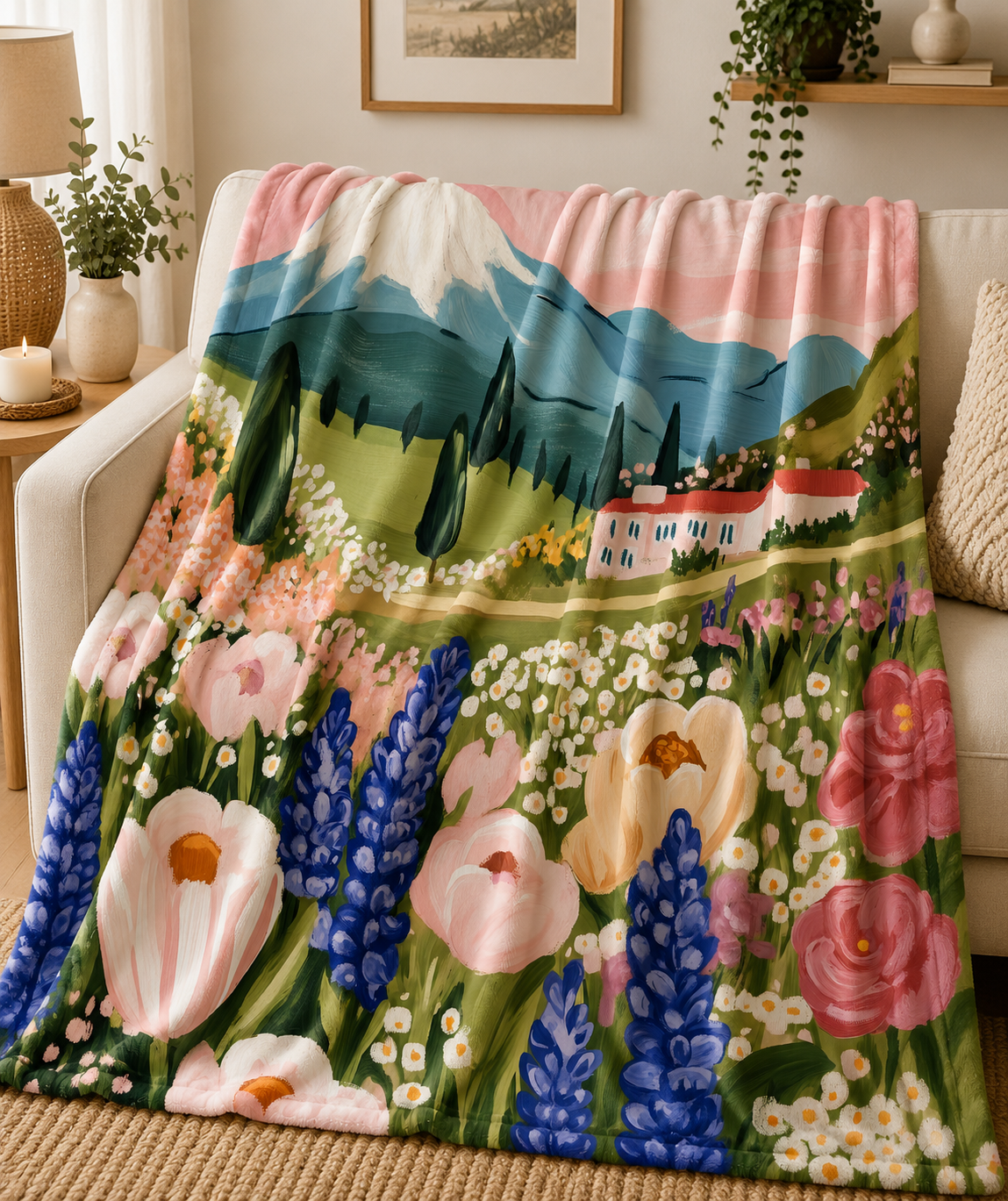 Floral Mountain Meadow Velveteen Blanket — Cozy Plush Throw with Wildflower Landscape