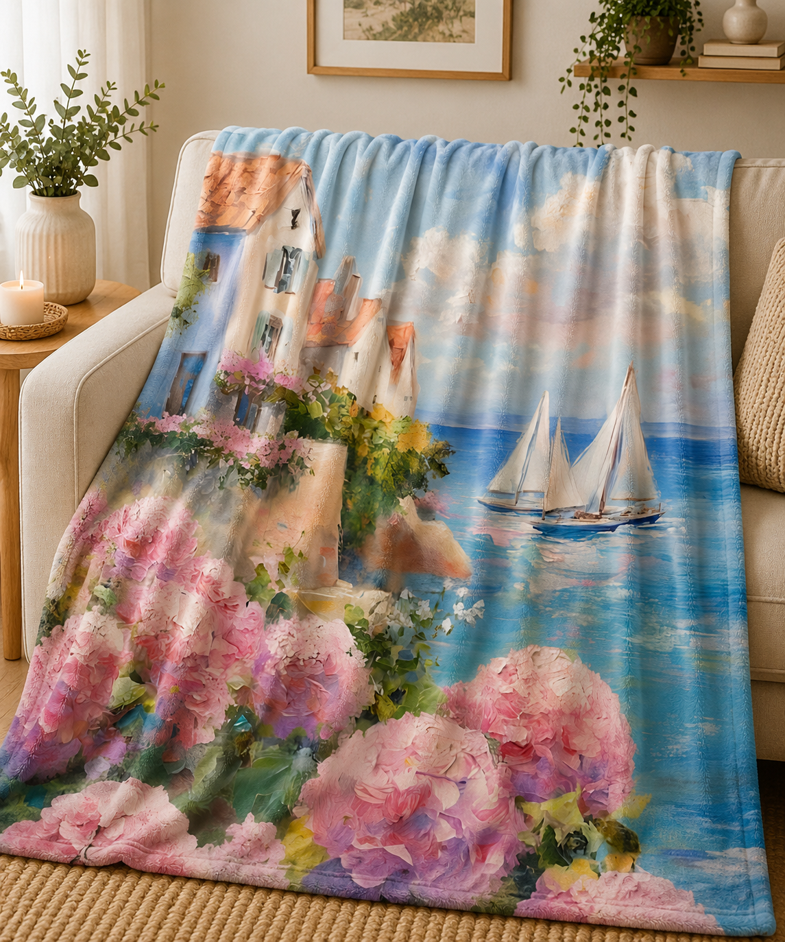 Coastal Cottage Sailboat Scene Throw