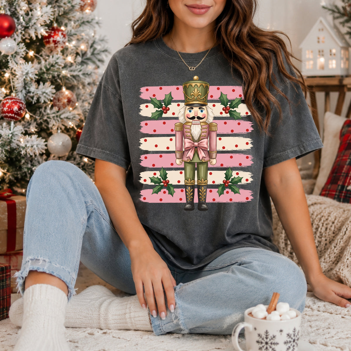 Nutcracker Holiday T-Shirt — Pink Striped Christmas Tee with Holly