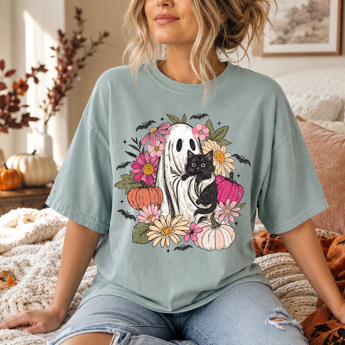 Vintage Floral Ghost & Black Cat T‑Shirt — Cozy Pumpkin Floral Fall Tee