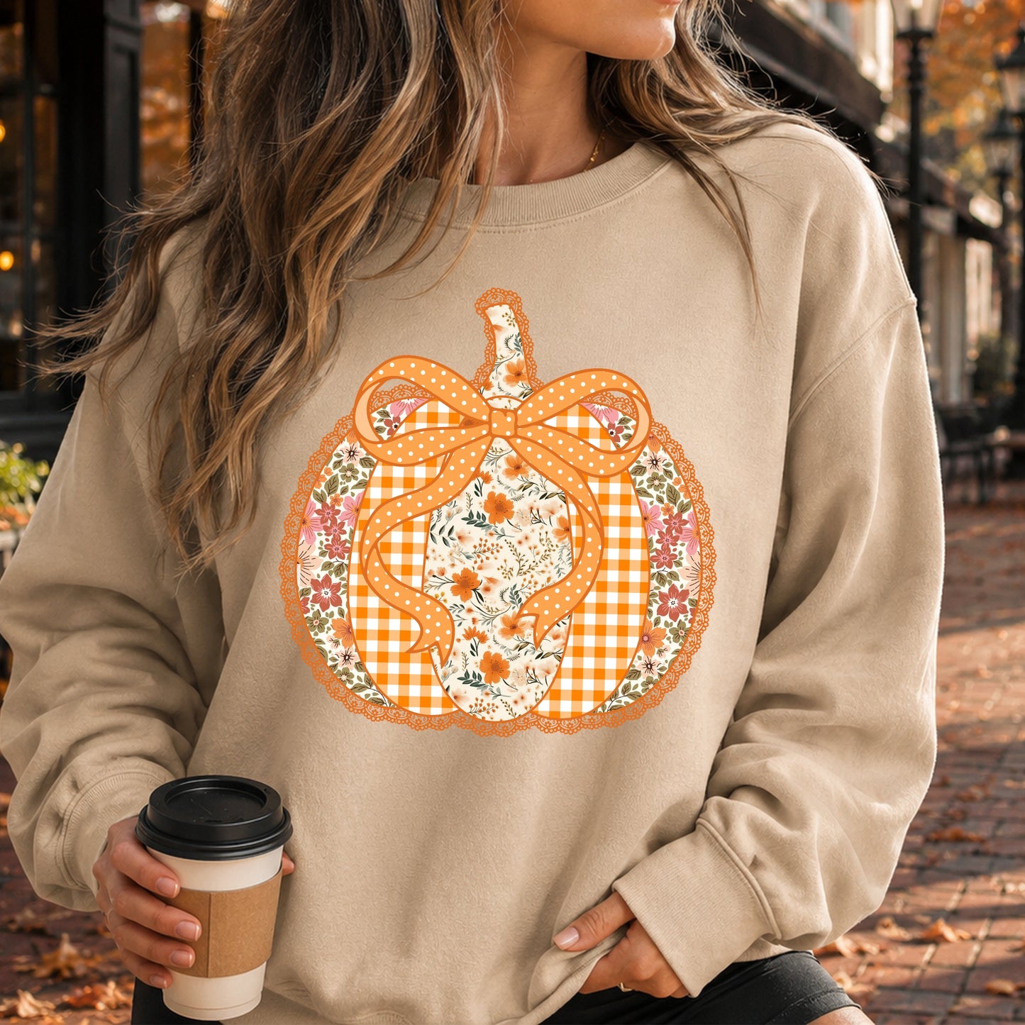 Applique Patchwork Feux Pumpkin Sweatshirt — Cozy Fall Thanksgiving Pullover
