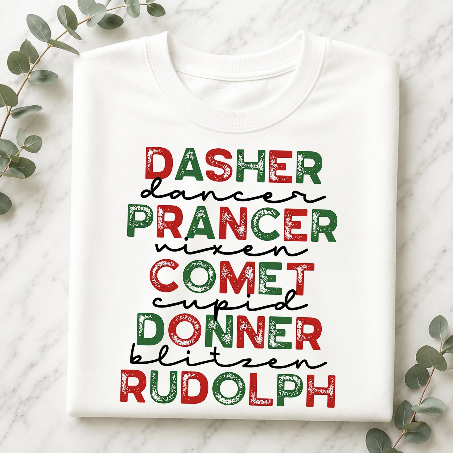 Christmas Reindeer Names Crewneck Sweatshirt — Dasher, Dancer, Prancer, Comet, Donner, Blitzen, Rudolph