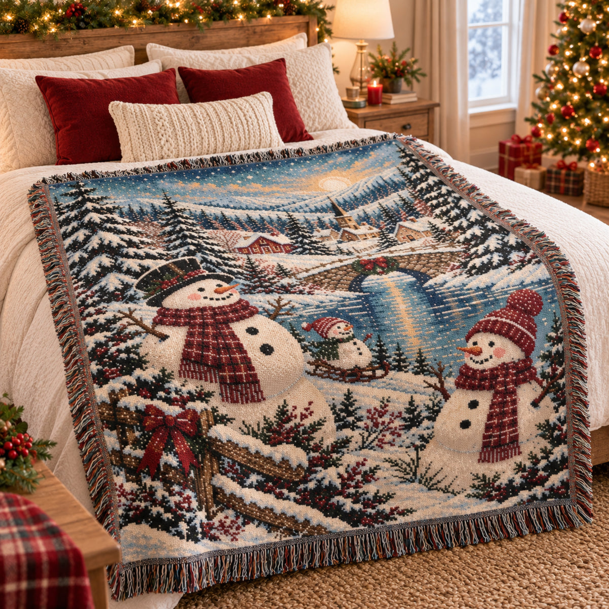 Snowman Christmas Woven Blanket, Winter Village Woven Throw, Nostalgic Holiday Decor, Cozy Christmas Gift