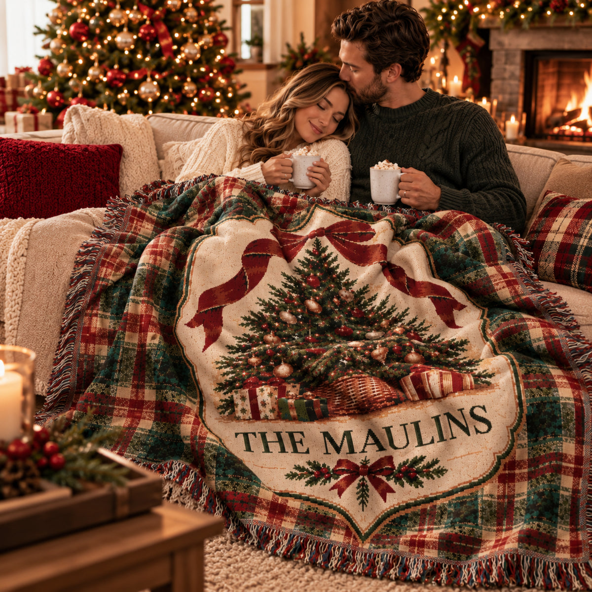 Personalized Christmas Woven Blanket with Family Name, Traditional Plaid Christmas Tree Throw, Custom Holiday Keepsake, Family Christmas Gift