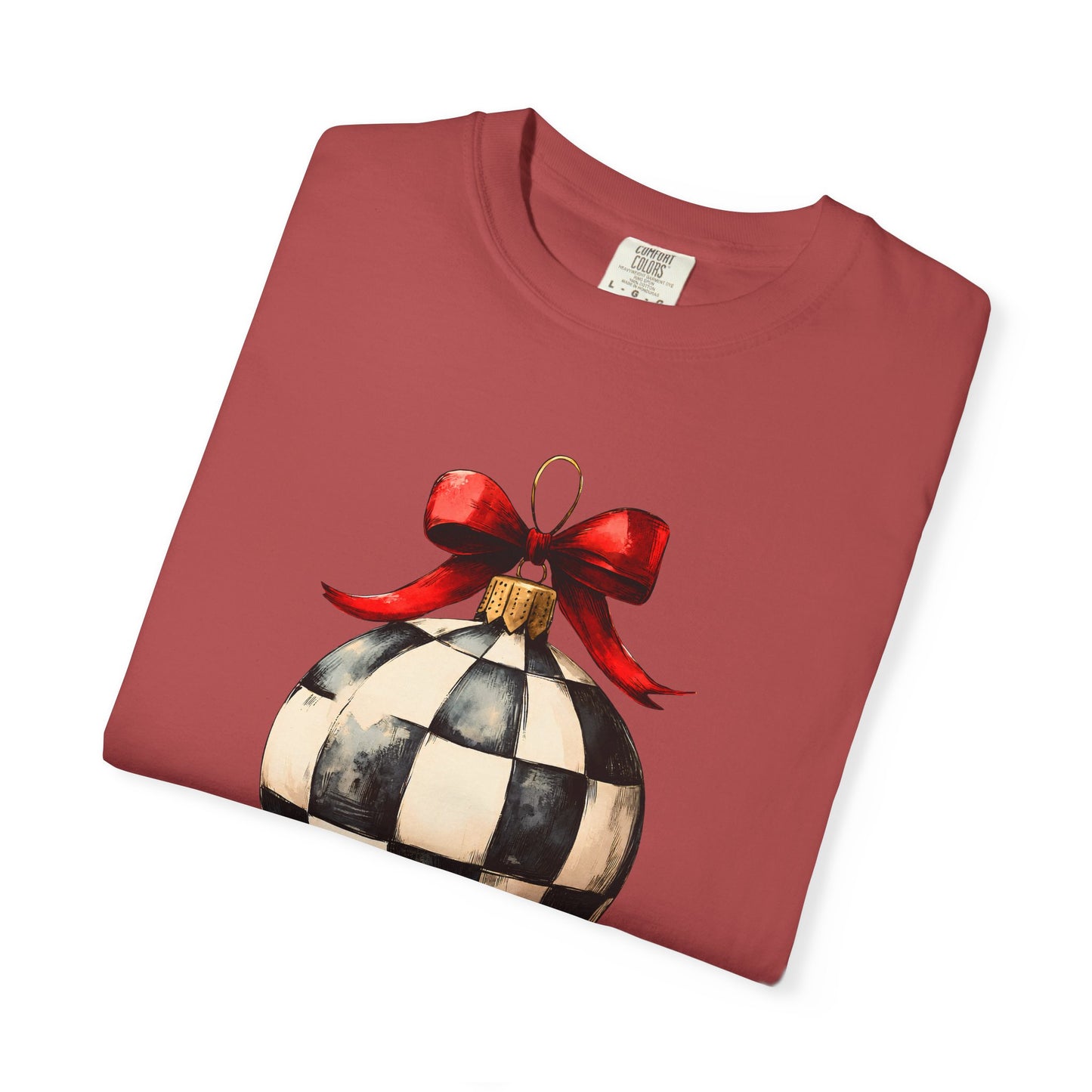 Checkerboard Ornament T-Shirt — Holiday Ball with Red Bow