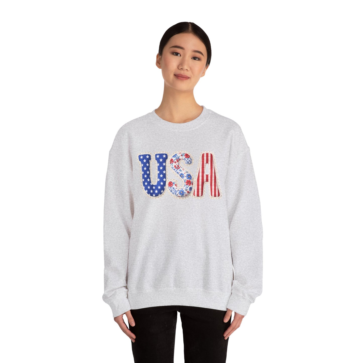 Floral Patchwork USA Crewneck • Preppy Patriotic Sweatshirt • Vintage Americana Gingham Sweatshirt • Cozy Summer Mom Outfit