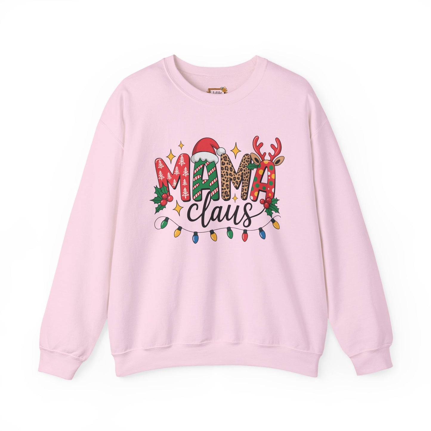 Mama Claus Christmas Sweatshirt | Leopard & Candy Cane Holiday Crewneck | Festive Lights Sweater for Moms | Cute Christmas Outfit