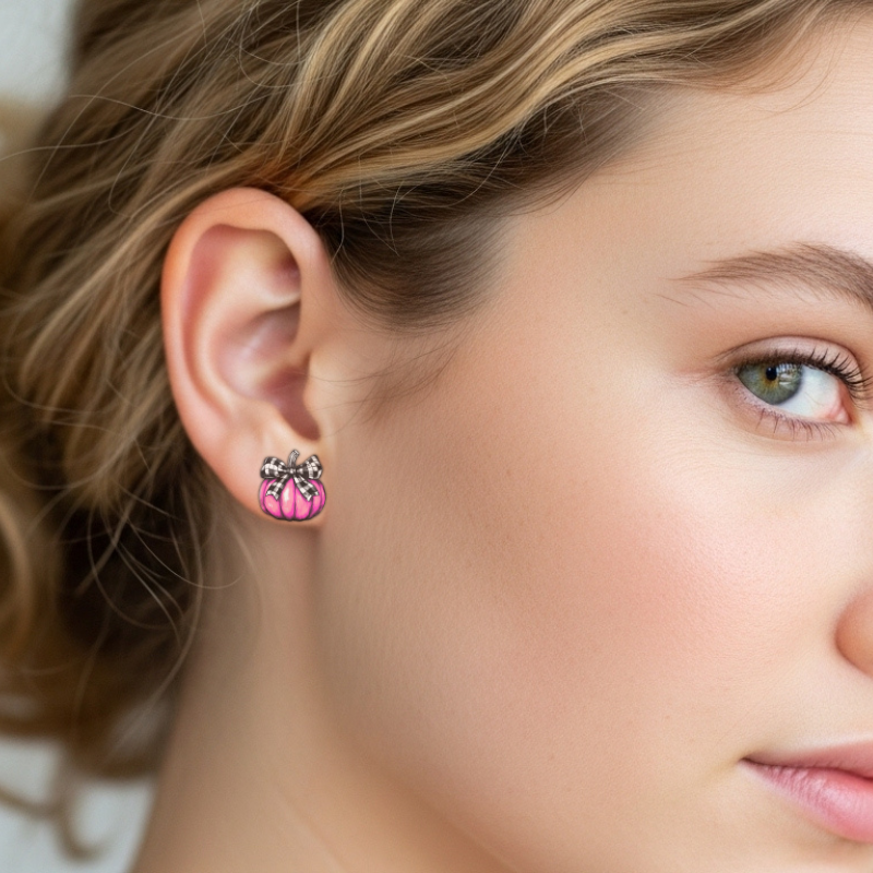 Pink Pumpkin Earrings – Buffalo Plaid Bow Fall Studs | Little Honey Collective