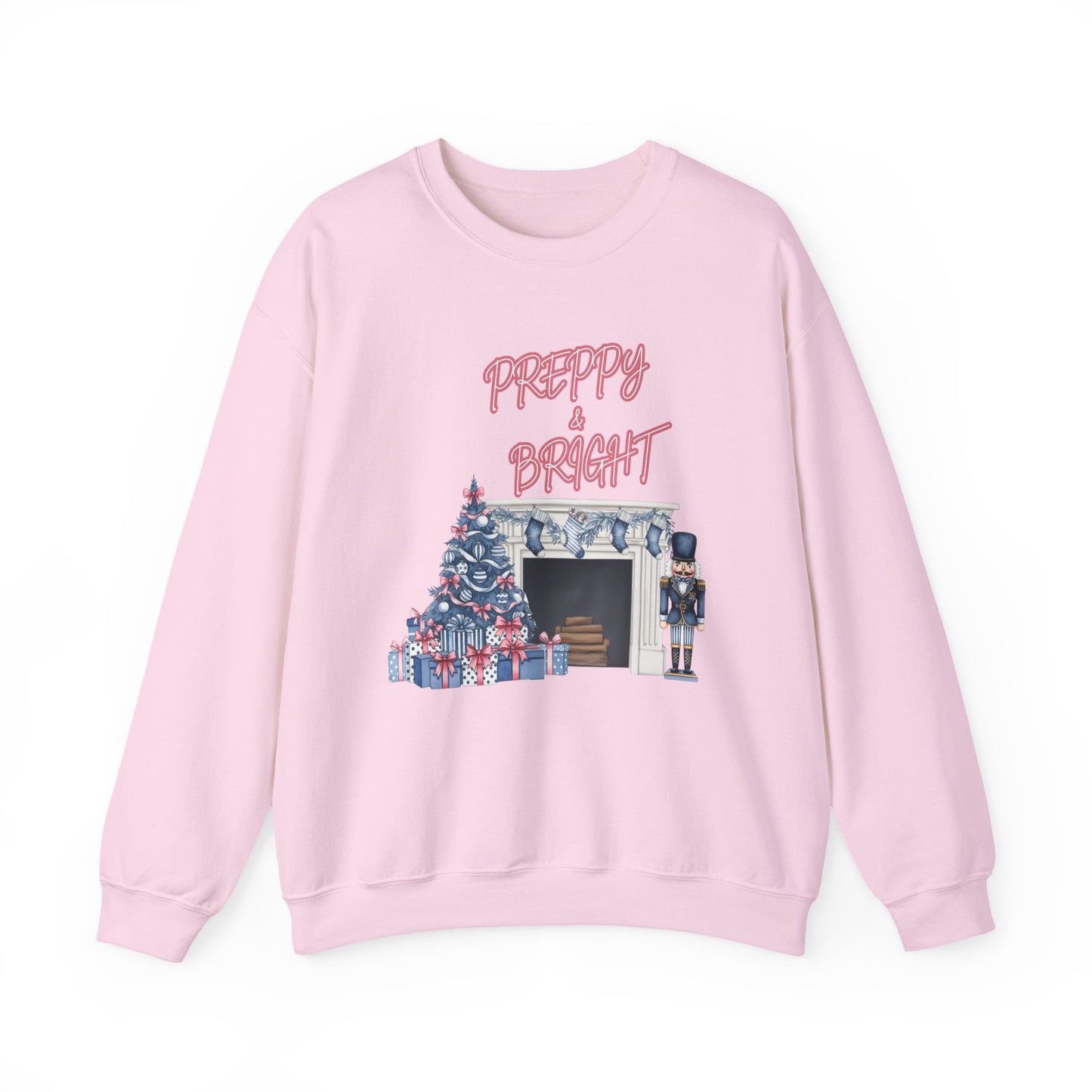 Preppy & Bright Christmas Sweatshirt | Blue Pink Holiday Crewneck with Nutcracker, Tree & Fireplace | Cozy Unisex Festive Winter Sweater