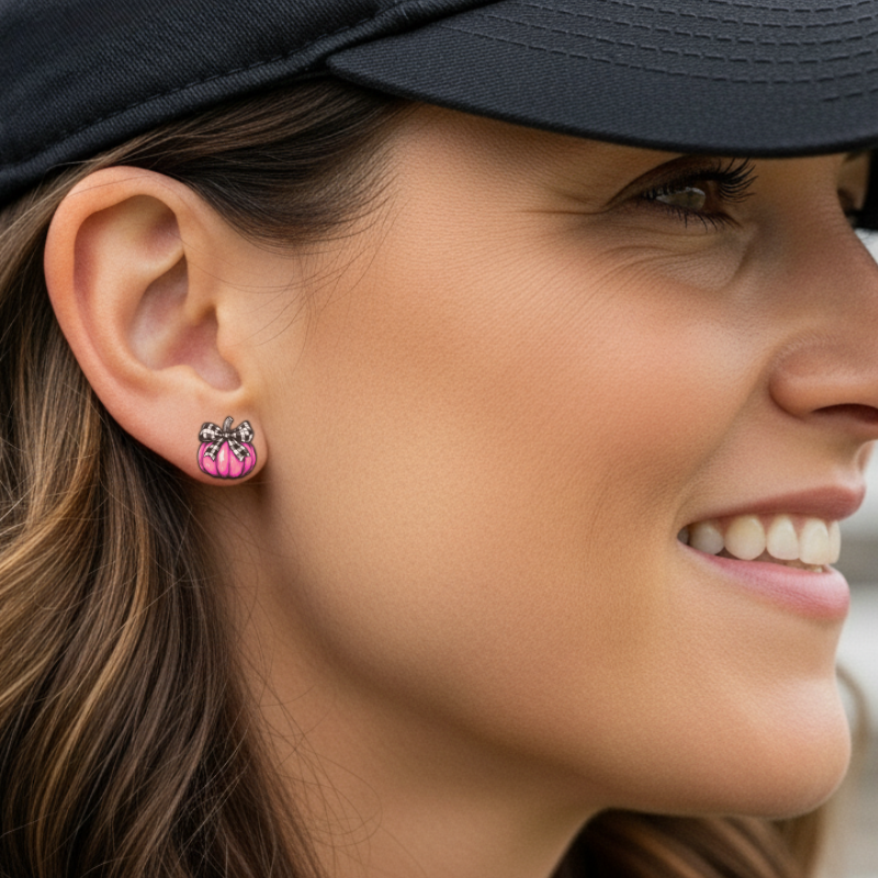 Pink Pumpkin Earrings – Buffalo Plaid Bow Fall Studs | Little Honey Collective