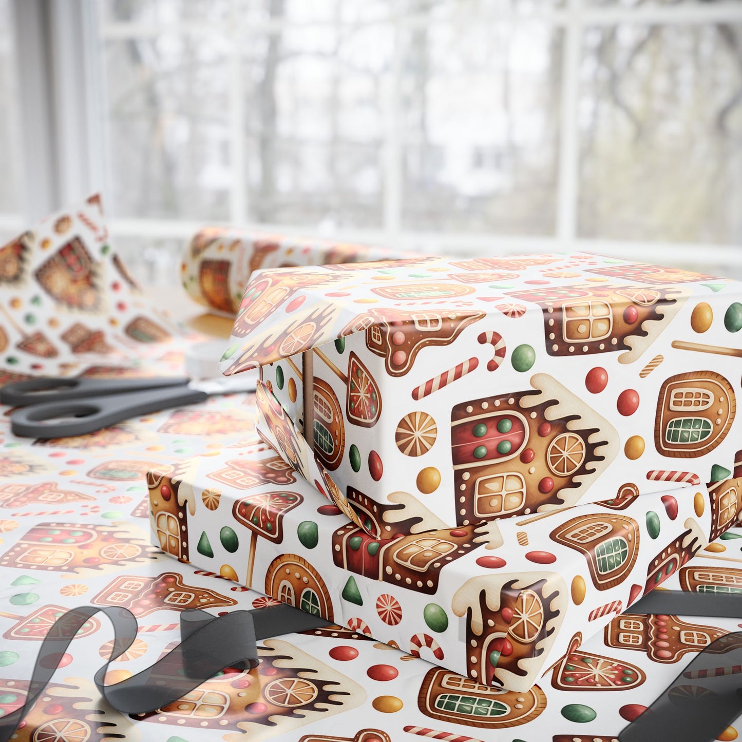 Gingerbread House Wrapping Paper | Candy Cane Cookie Pattern | Cozy Christmas Gift Wrap | Sweet Holiday Home Decor