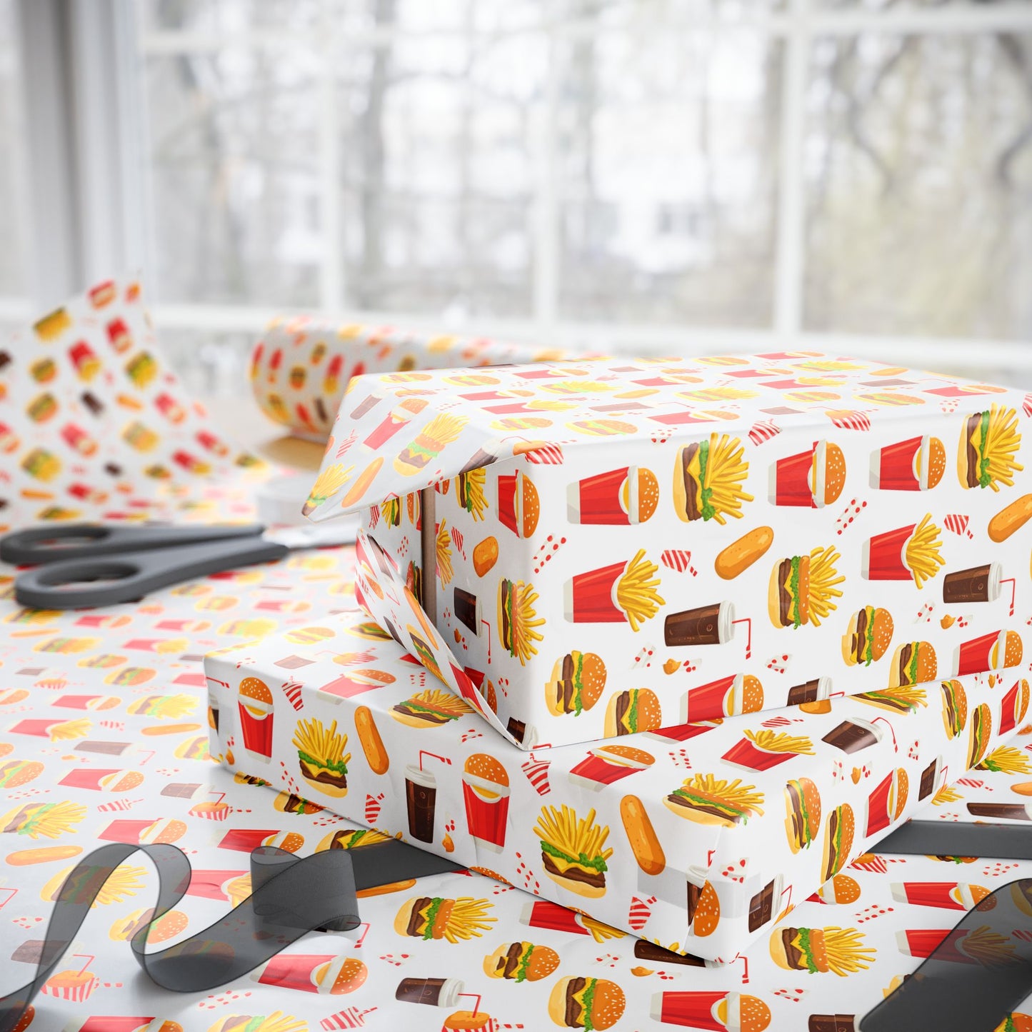 Fast Food Wrapping Paper | Retro Burger Fries Soda Pattern | Red Yellow Diner Print | Fun Gift Wrap for Food Lovers