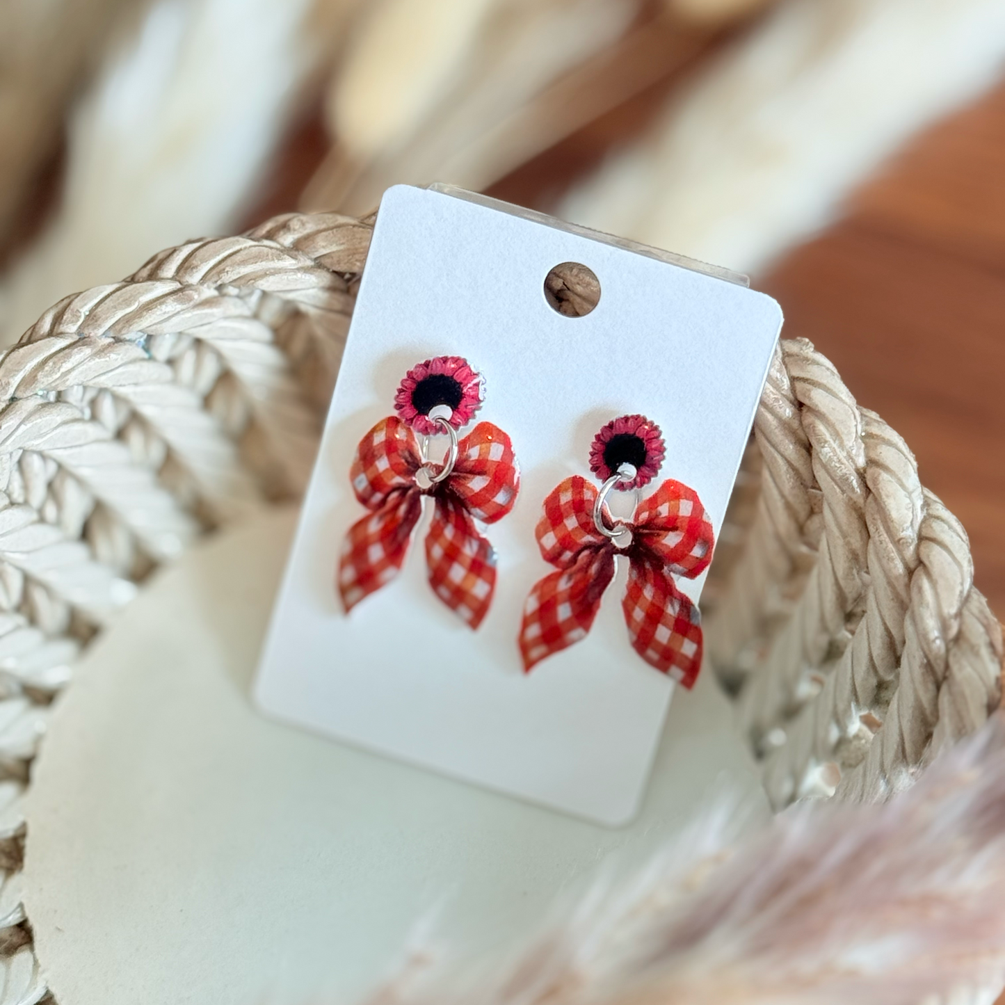 Sunflower Gingham Bow Earrings Classic Farmhouse Studs Perfect for Fall Outfits Everyday Wear Holiday Gift Idea Mommy and Me Jewelry
