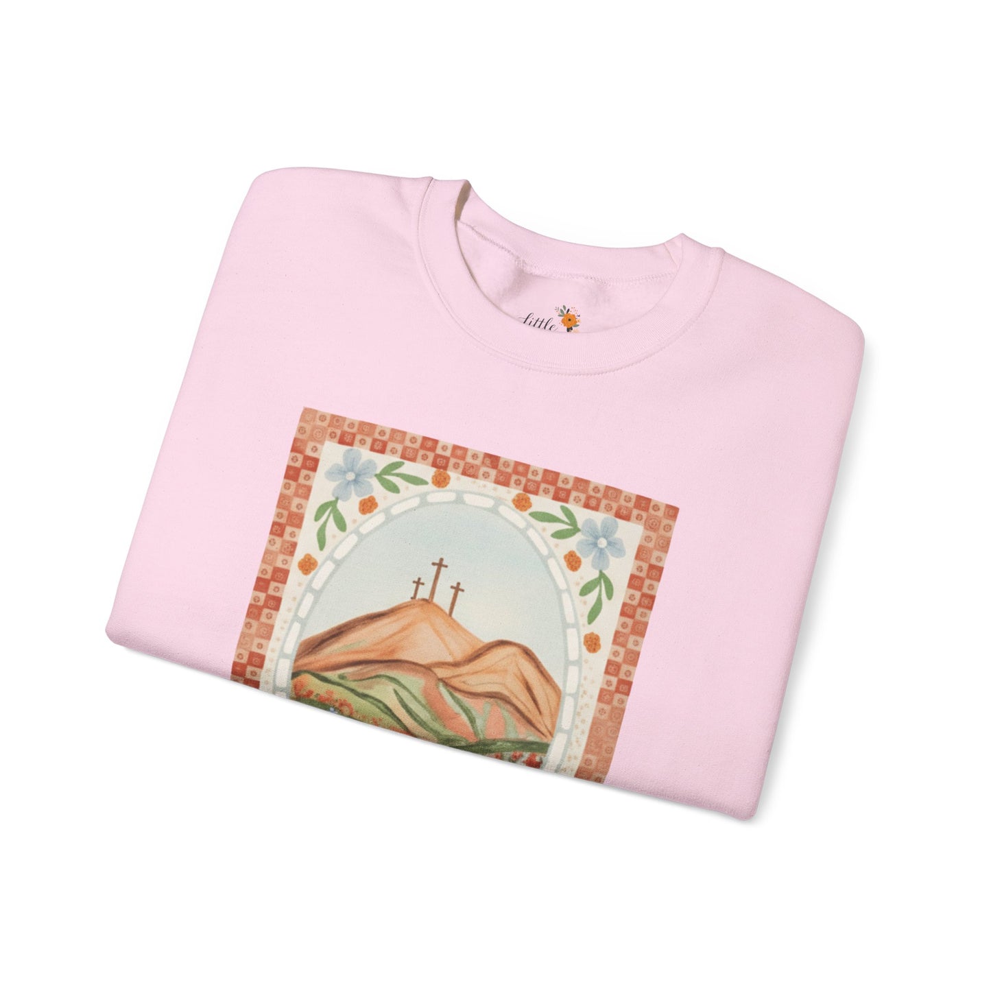 Easter Landscape Faith Sweatshirt (Front Only) • Christian Mountain Cross Crewneck • Floral Resurrection Scene Graphic