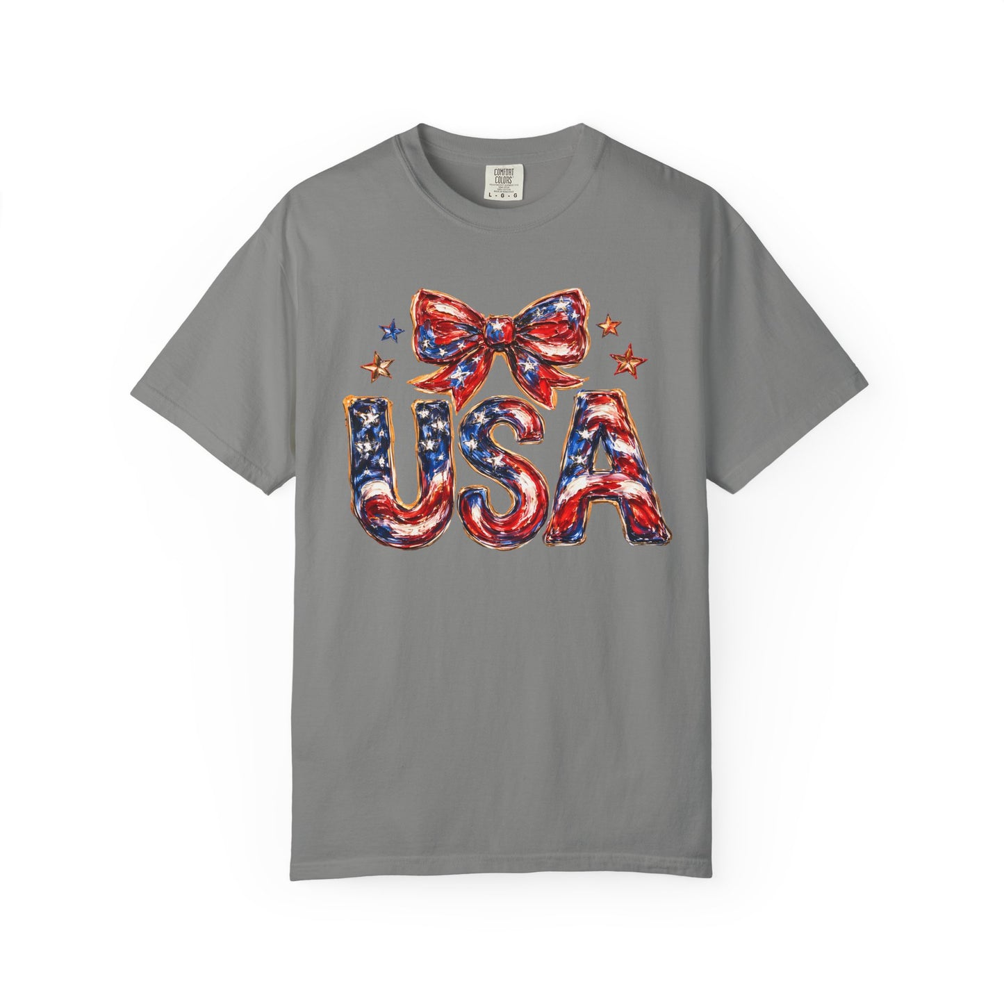 USA Coquette Bow T-Shirt • Red White Blue Patriotic Graphic Tee • Fourth of July Shirt