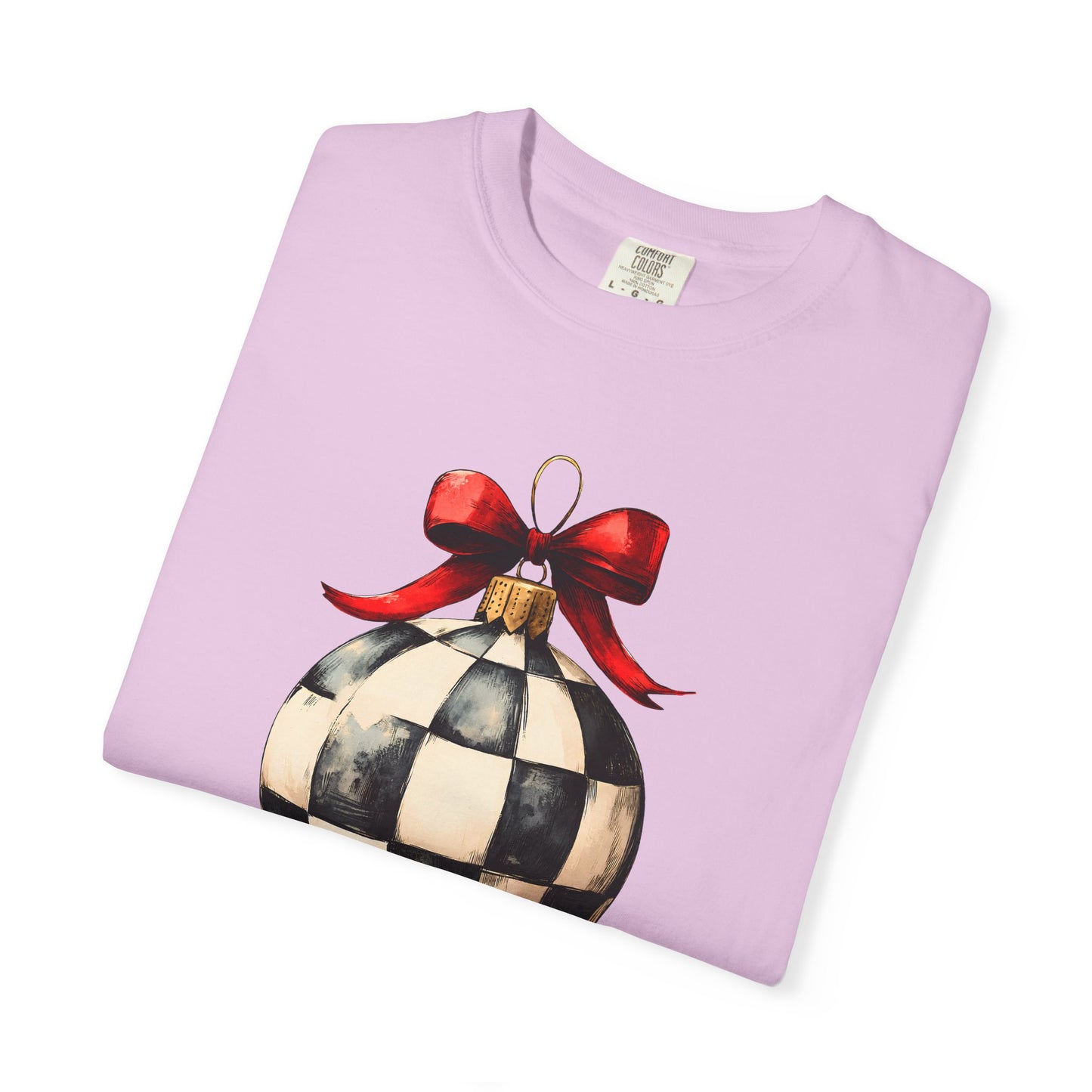 Checkerboard Ornament T-Shirt — Holiday Ball with Red Bow