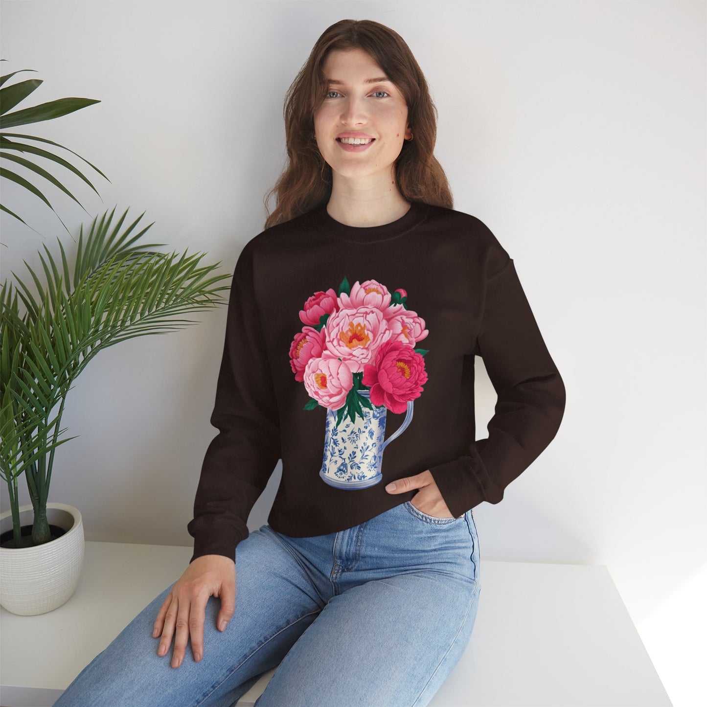 Pink Peonies in Blue Vintage Vase Floral Sweatshirt • Cottagecore Garden Bouquet Crewneck • Botanical Apparel