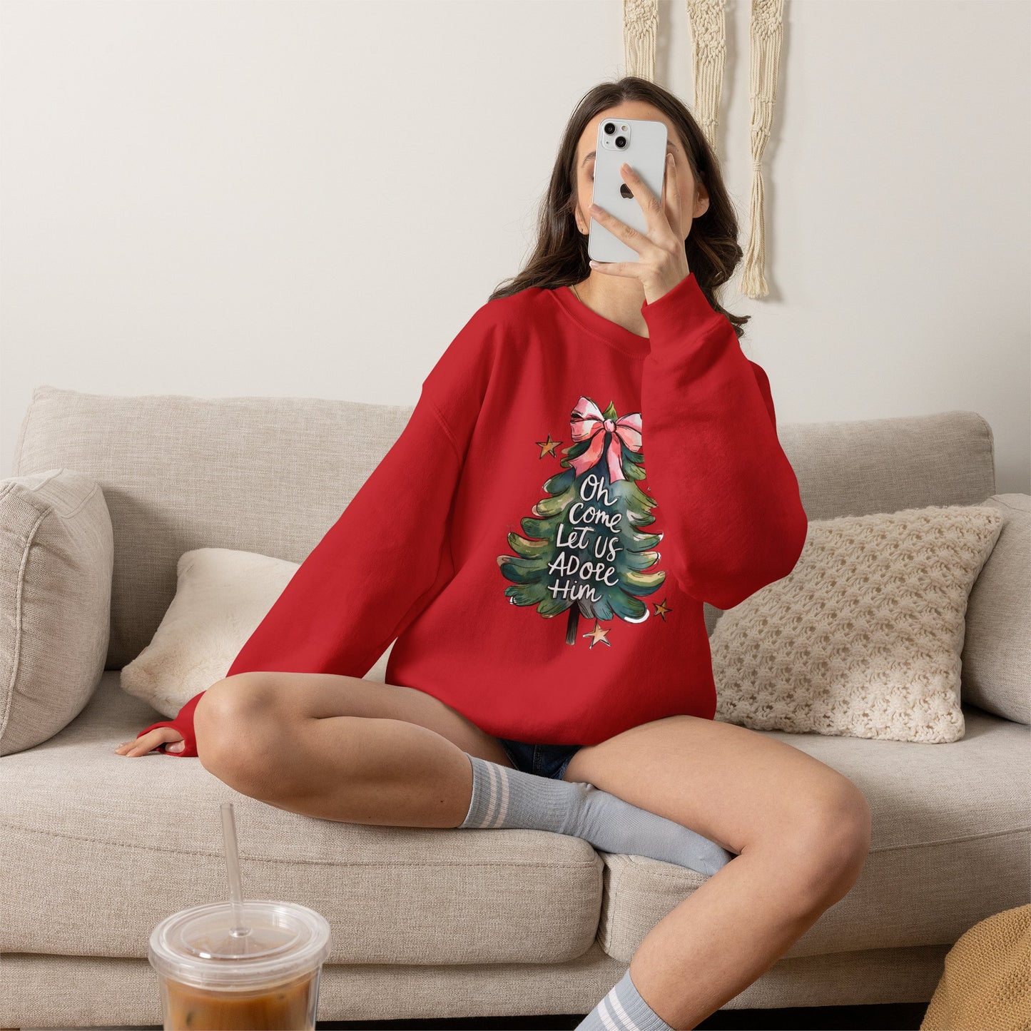 Christmas Tree Sweatshirt — "Oh Come Let Us Adore Him" Holiday Crewneck