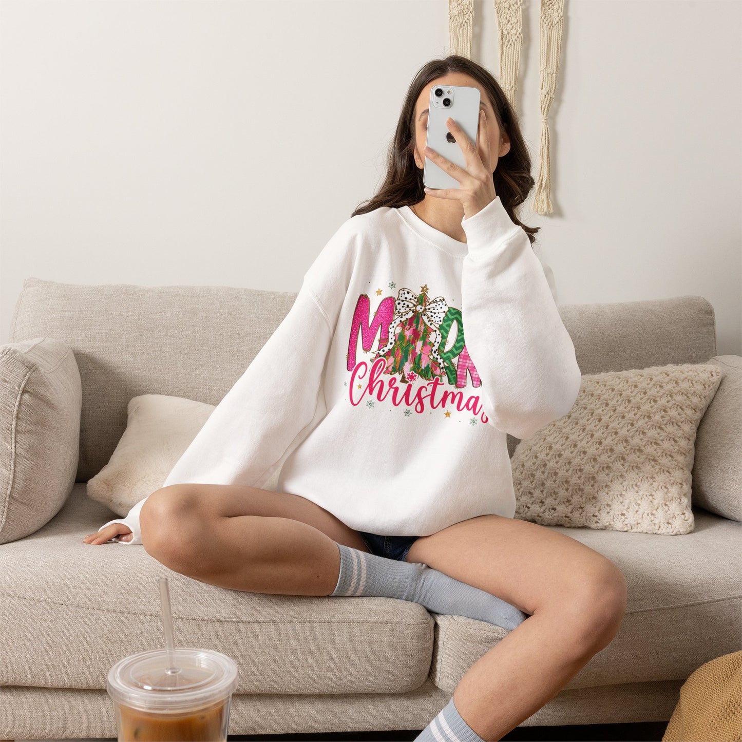 Christmas Crewneck Sweatshirt — 'Merry Christmas' Pink & Green Tree Design