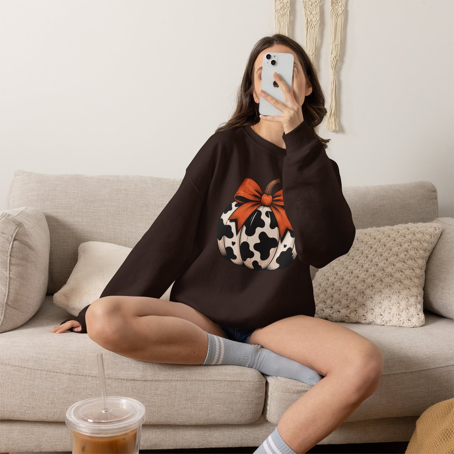 Cow print Pumpkin Sweatshirt — Halloween Fall Crewneck with Orange Bow