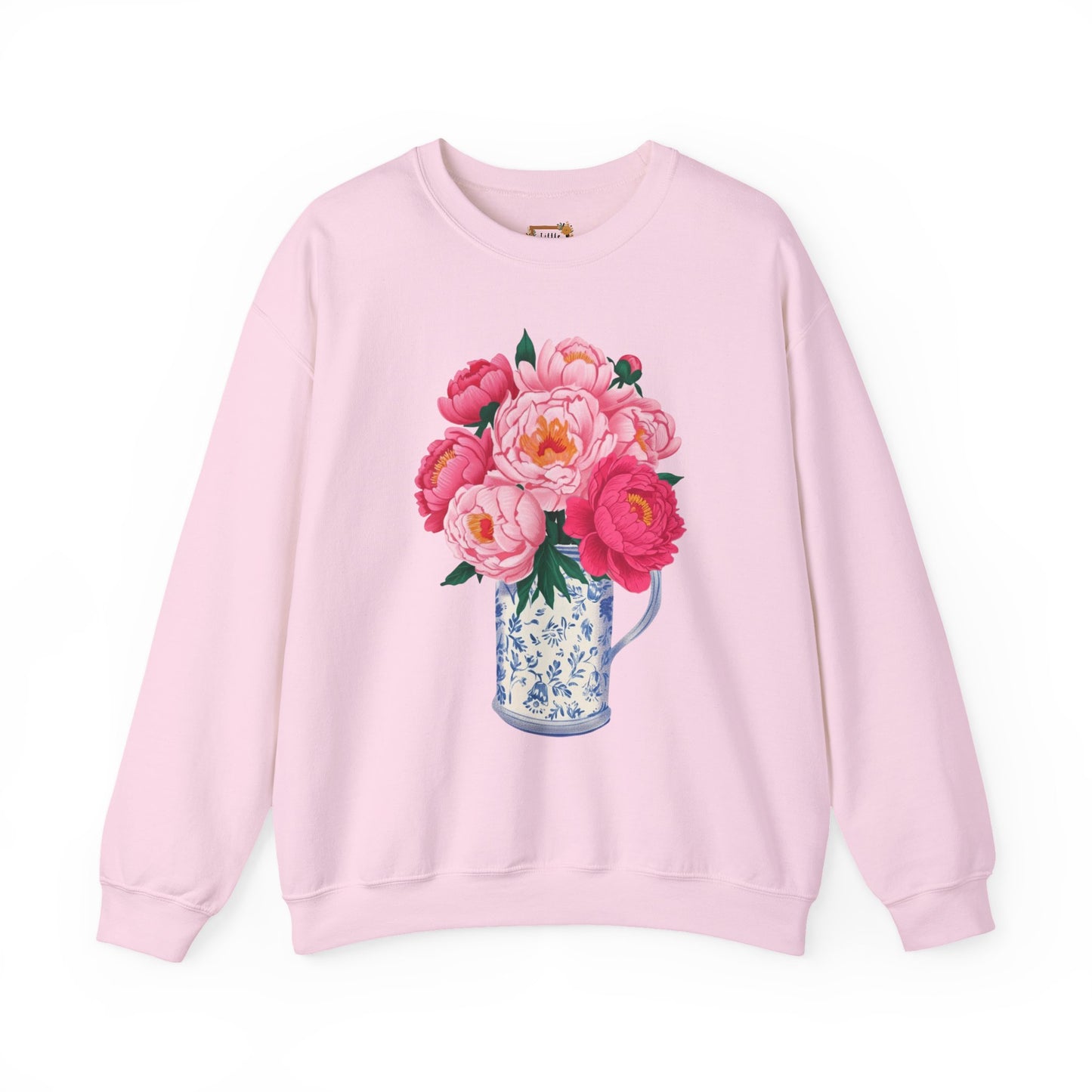 Pink Peonies in Blue Vintage Vase Floral Sweatshirt • Cottagecore Garden Bouquet Crewneck • Botanical Apparel
